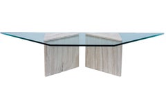 Large Travertine Mid Century Italian Modern Trapezoidal Glass Cocktail Table