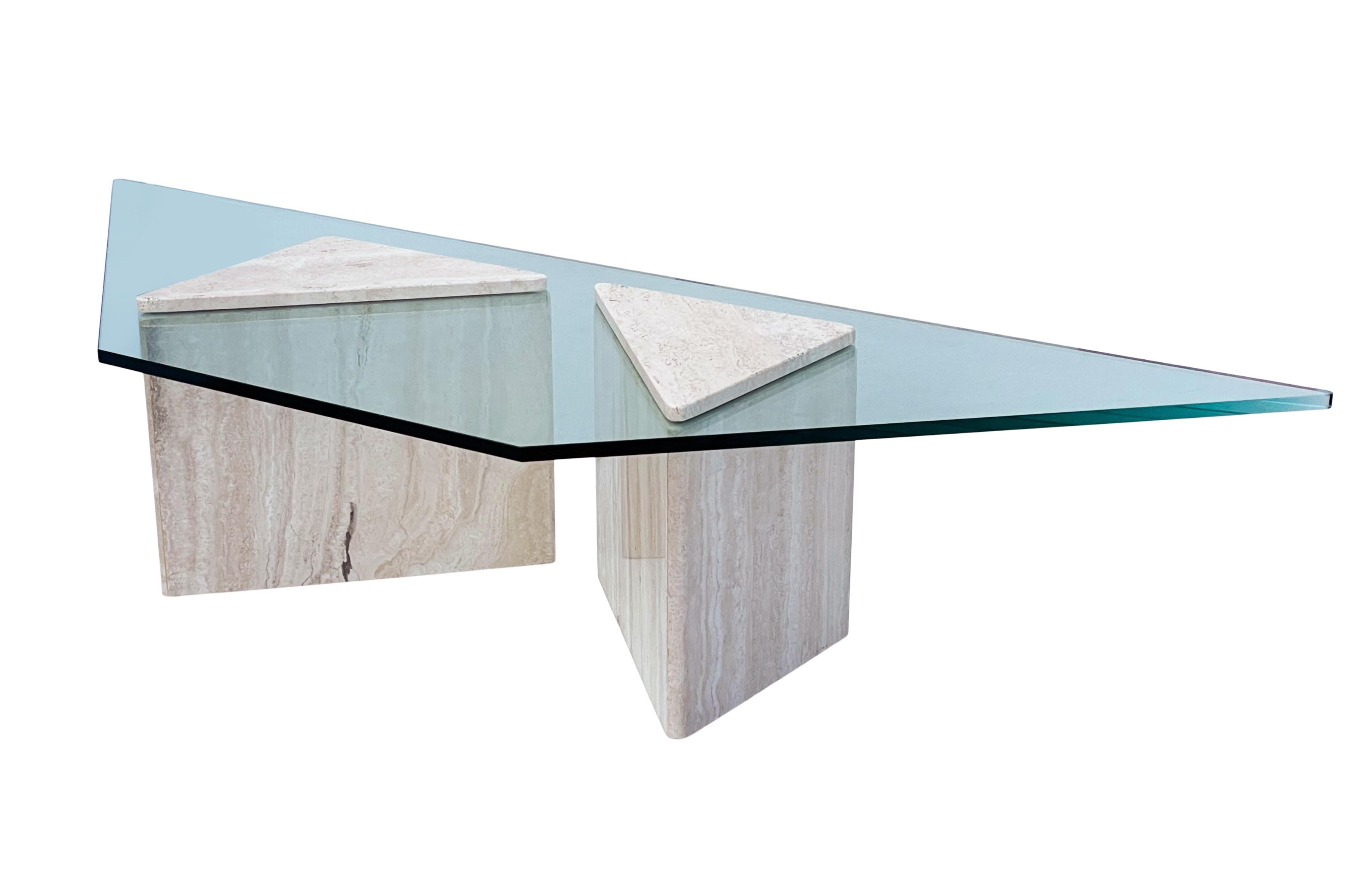 Post-Modern Large Travertine Mid Century Italian Modern Trapezoidal Glass Cocktail Table  For Sale