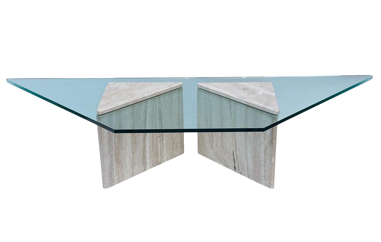 Late 20th Century Large Travertine Mid Century Italian Modern Trapezoidal Glass Cocktail Table  For Sale