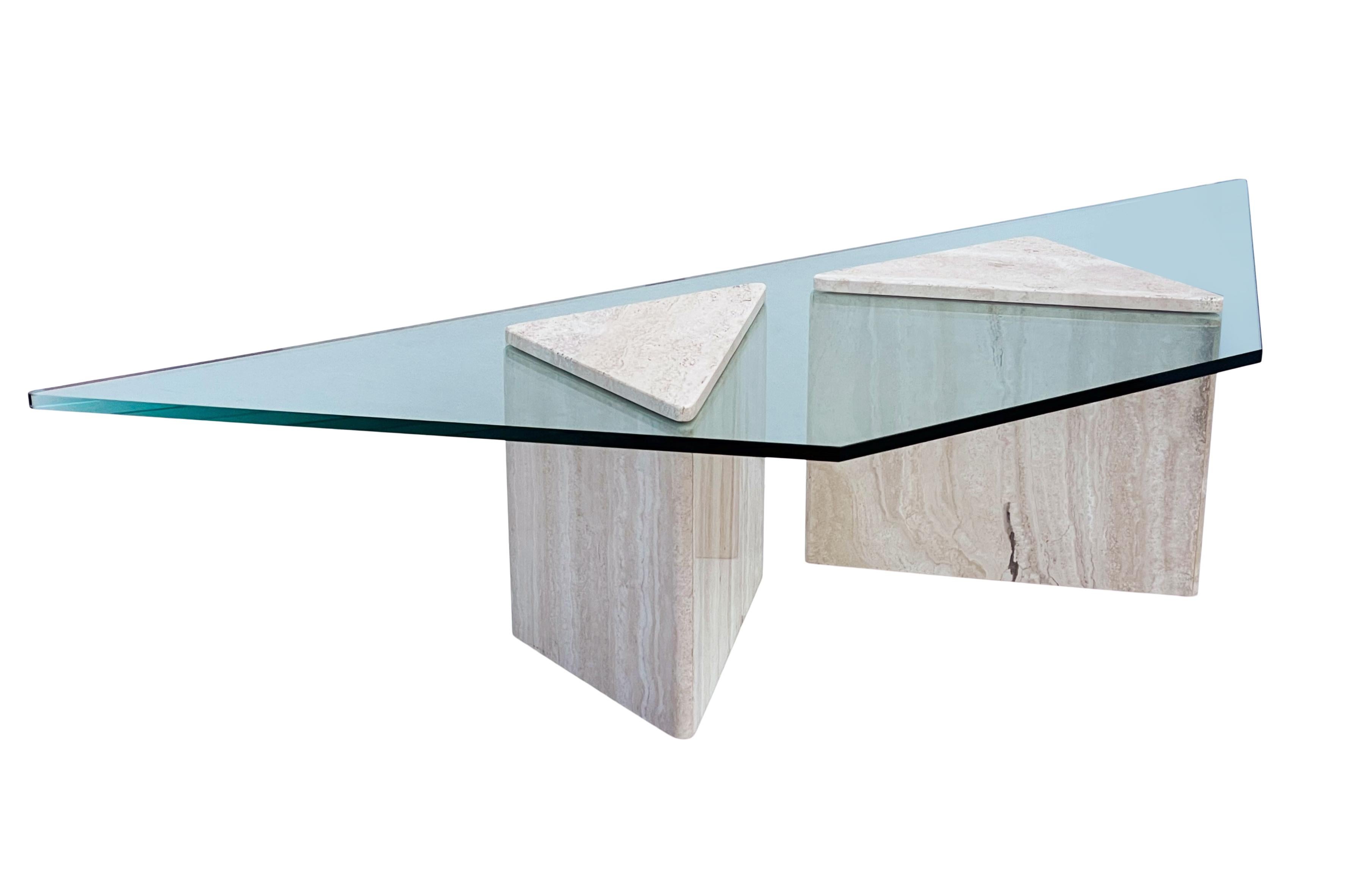 Large Travertine Mid Century Italian Modern Trapezoidal Glass Cocktail Table  For Sale 1