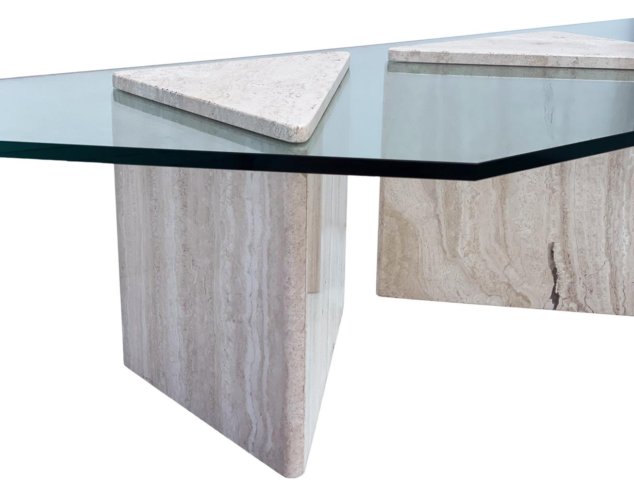 Large Travertine Mid Century Italian Modern Trapezoidal Glass Cocktail Table  For Sale 3