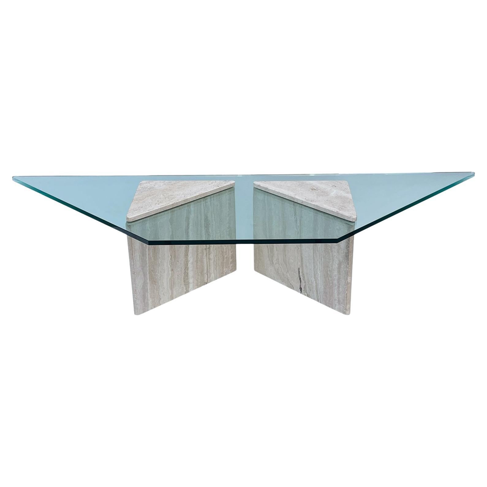 Large Travertine Mid Century Italian Modern Trapezoidal Glass Cocktail Table  For Sale