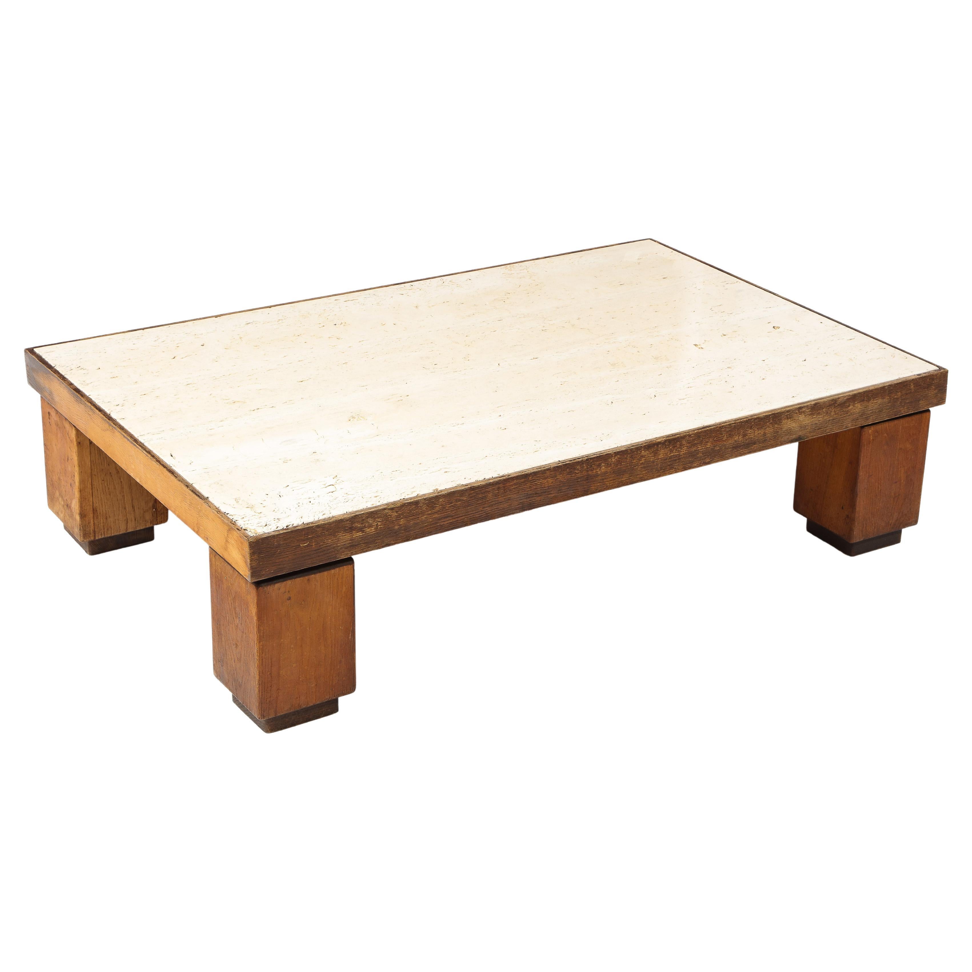Large Travertine and Oak Coffee Table, France, 1950's For Sale at 1stDibs