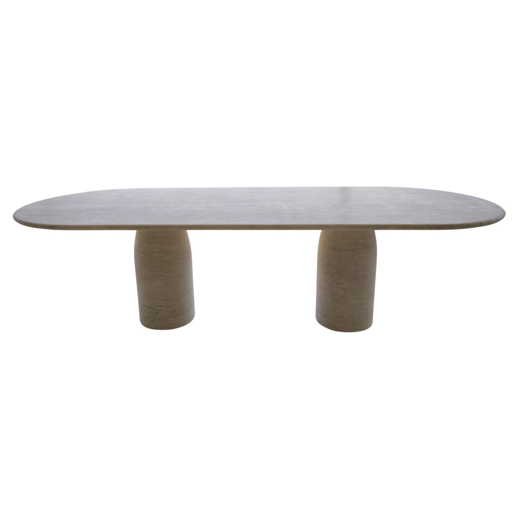 Large Travertine Oval Dining Table with Bullet Shape Legs by MY HABITAT DESIGN For Sale