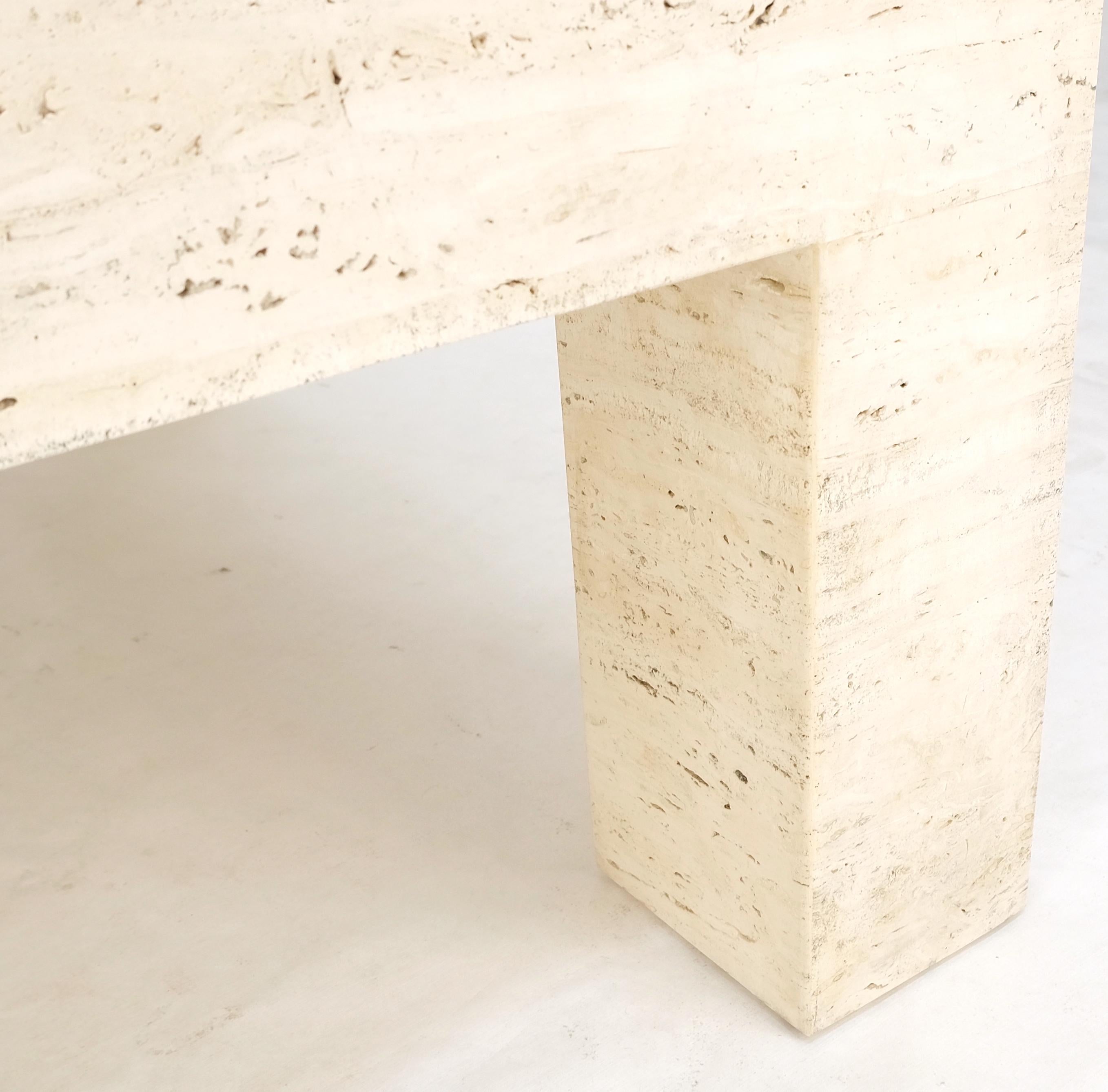 Polished Large Travertine Rectangle Parsons Style Coffee Table on Thick Square Legs  For Sale
