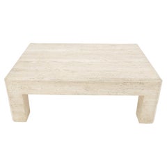 Large Travertine Rectangle Parsons Style Coffee Table on Thick Square Legs 