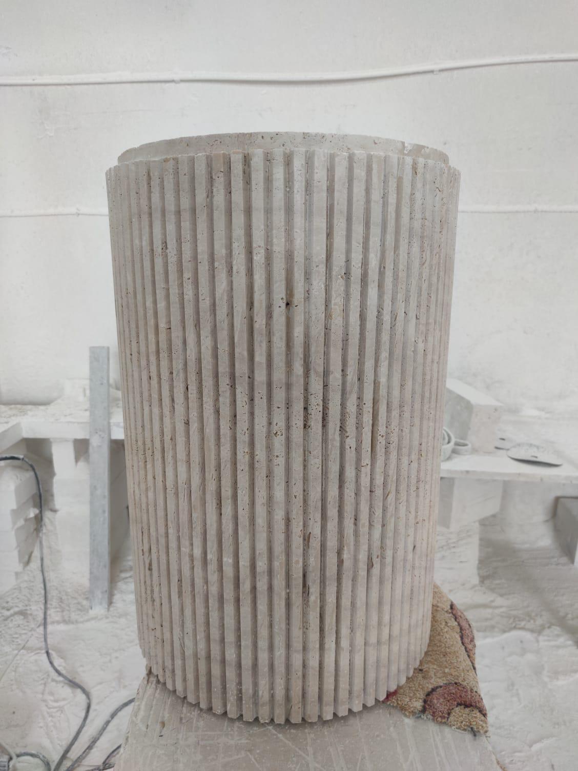 Unknown Large Travertine Round Dining Table with Fluted Groove Base For Sale