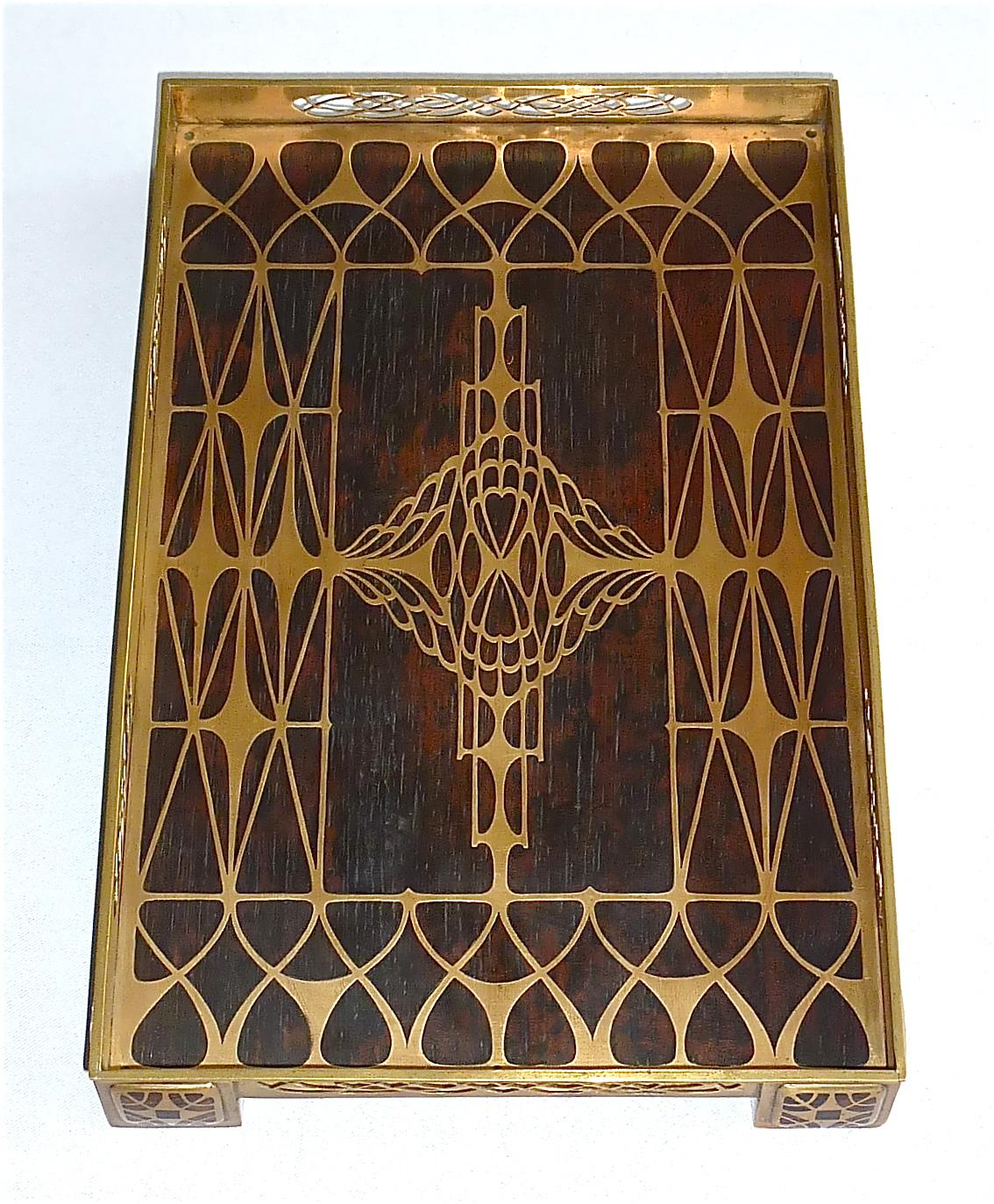 Large Tray and Pen Holder Pot Erhard & Sohne Wood Inlay Brass Art Nouveau, 1900 5