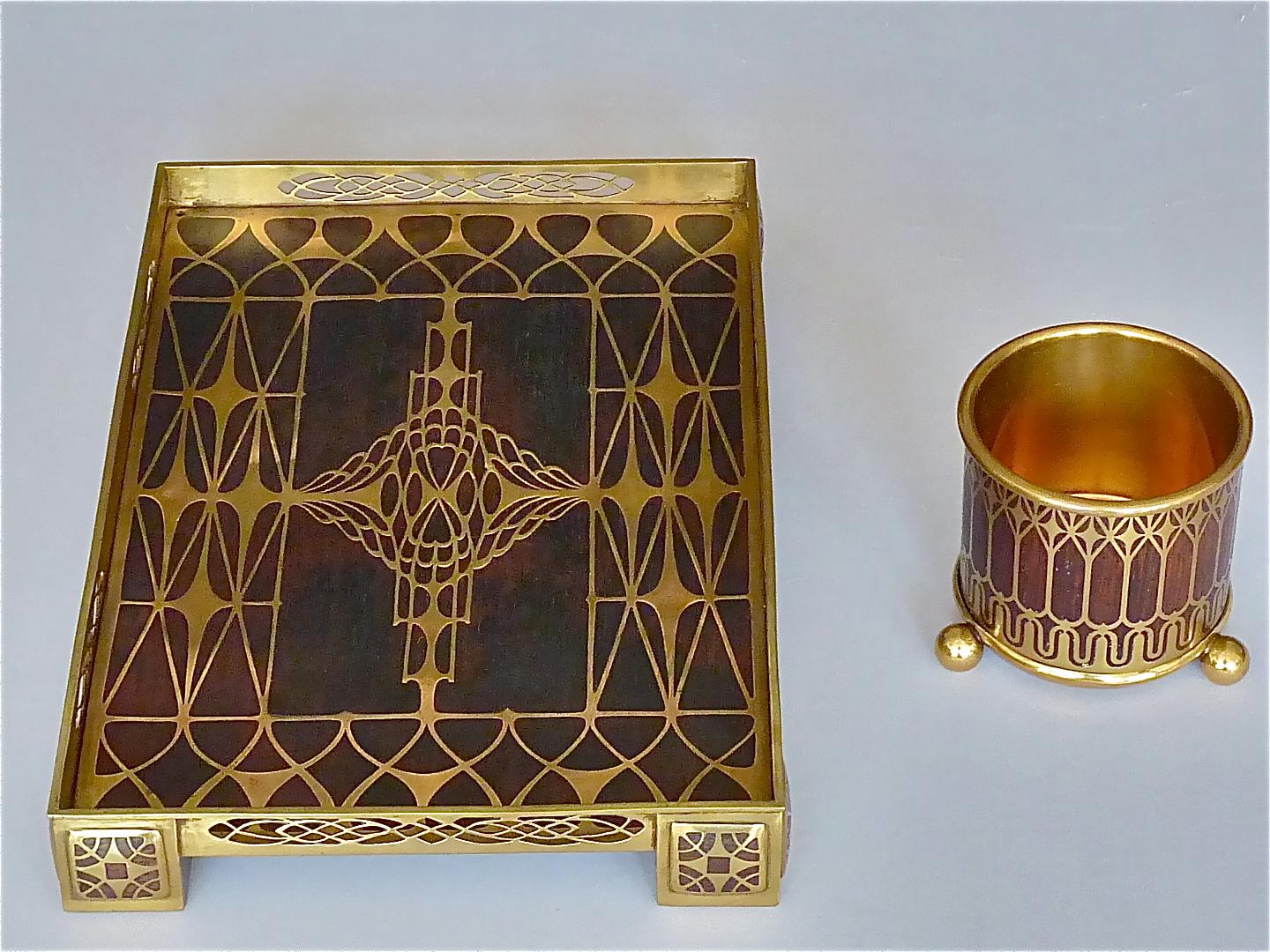 Large Tray and Pen Holder Pot Erhard & Sohne Wood Inlay Brass Art Nouveau, 1900 7