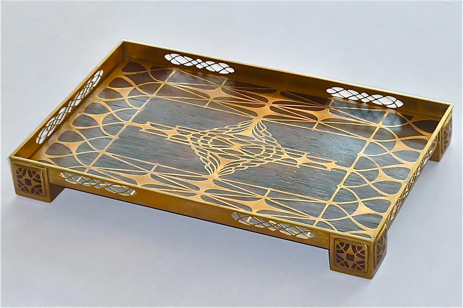 Fine and rare Jugendstil / Art Nouveau / Secession / Arts & Crafts Erhard & Sohne large tray on square column feet and pen holder pot on three ball feet with amazing inlaid wood veneer and patinated brass showing floral leafy branch decoration,