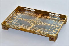 Large Tray and Pen Holder Pot Erhard & Sohne Wood Inlay Brass Art Nouveau, 1900