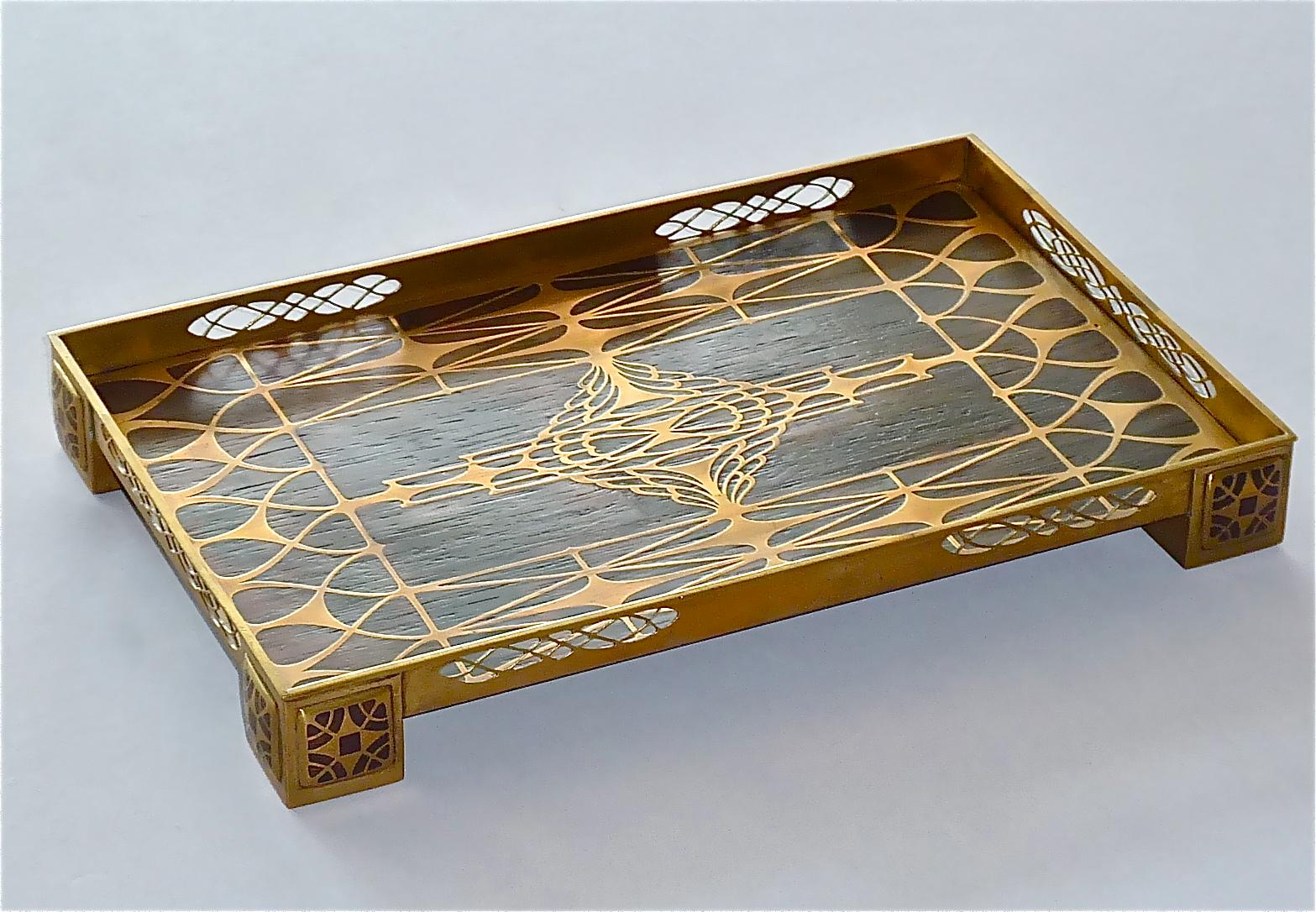 German Large Tray and Pen Holder Pot Erhard & Sohne Wood Inlay Brass Art Nouveau, 1900