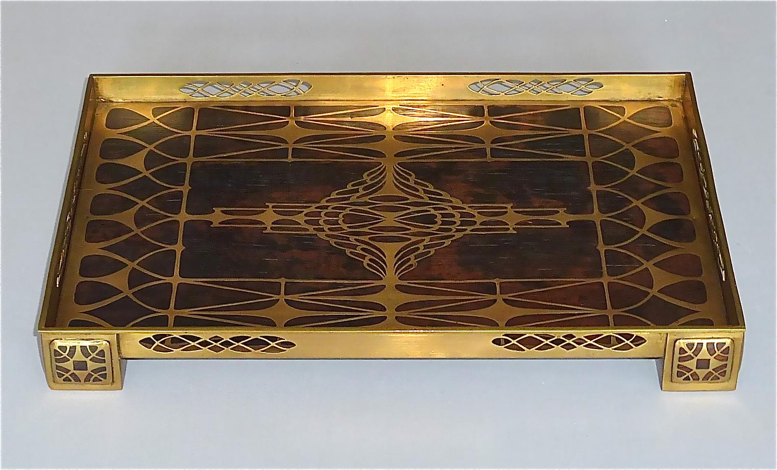 Hand-Crafted Large Tray and Pen Holder Pot Erhard & Sohne Wood Inlay Brass Art Nouveau, 1900
