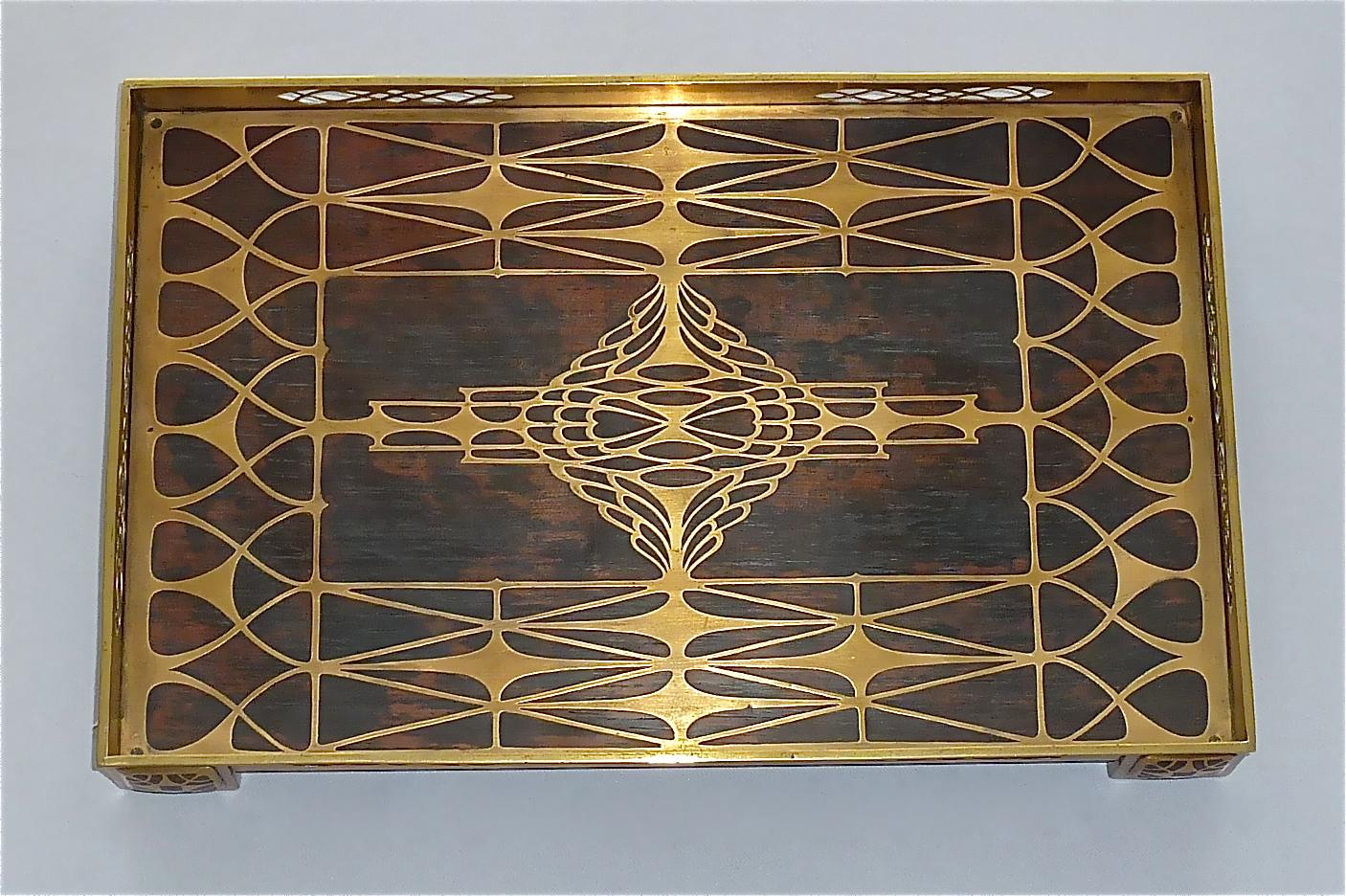 Early 20th Century Large Tray and Pen Holder Pot Erhard & Sohne Wood Inlay Brass Art Nouveau, 1900
