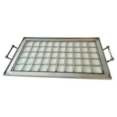 Large Tray with Aluminum Cross Base and handles with a Glass Overlay