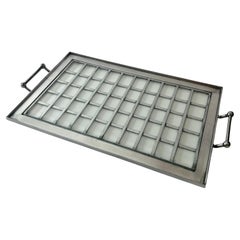 Large Tray with Aluminum Cross Base and handles with a Glass Overlay