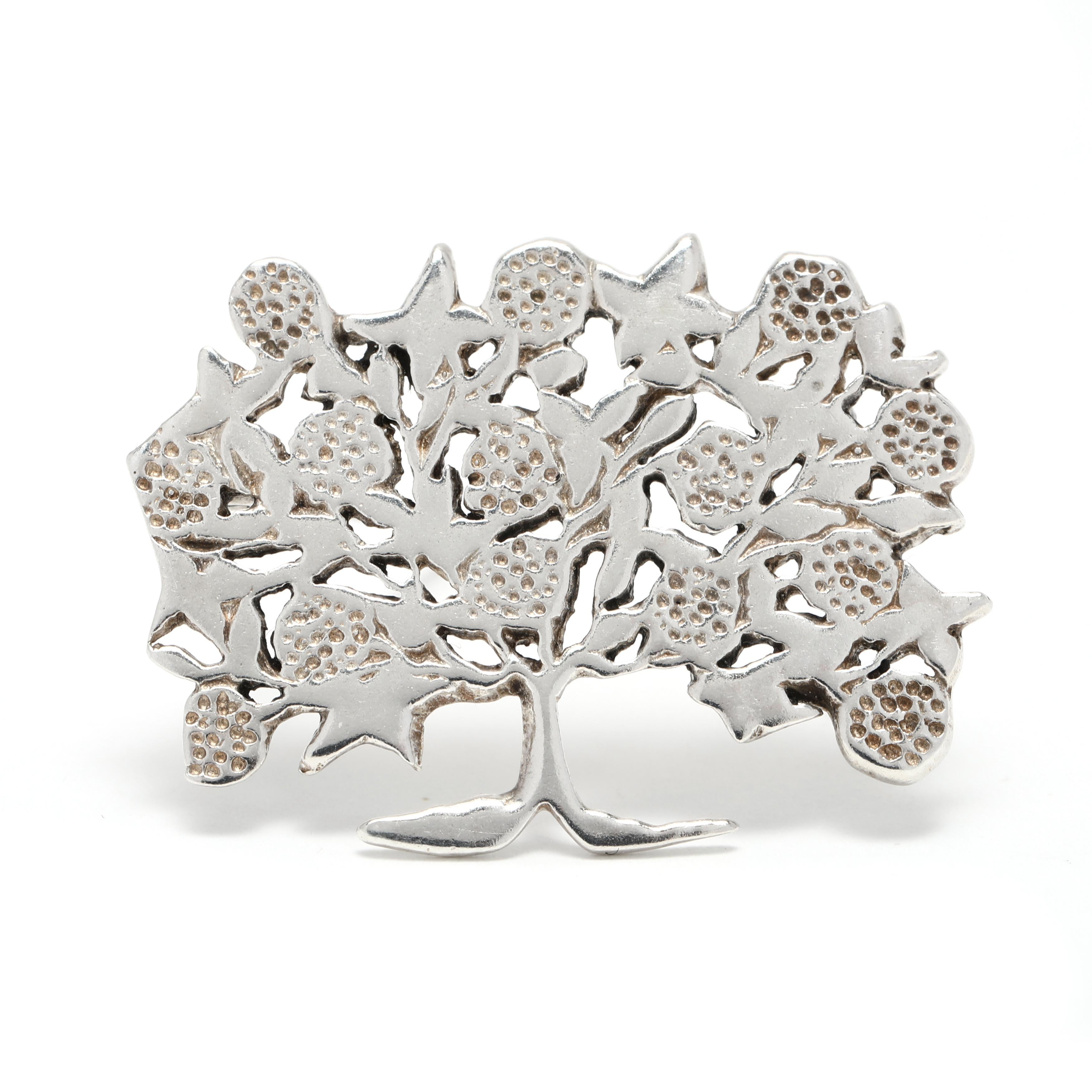 Women's or Men's Large Tree of Life Brooch, Sterling Silver, Flat Brooch For Sale