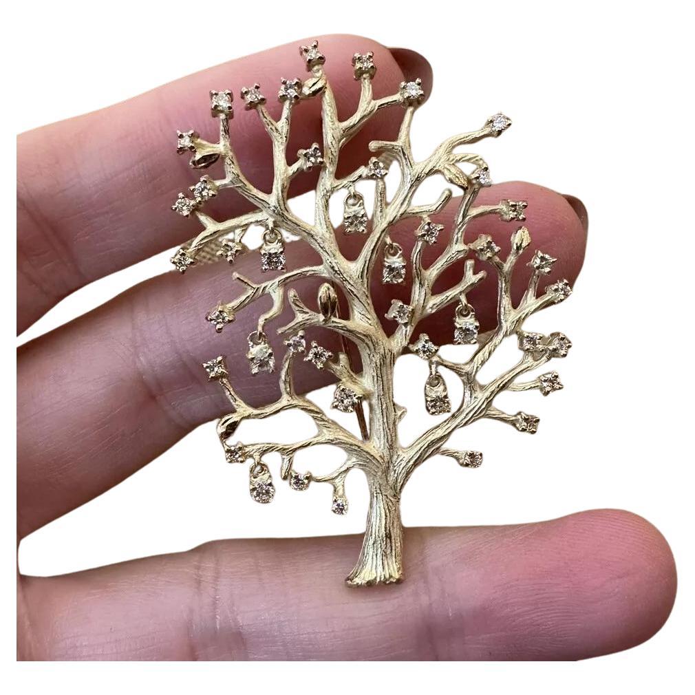 Large Tree Pin/Brooch with Dangling Diamonds in 18k Yellow Gold
