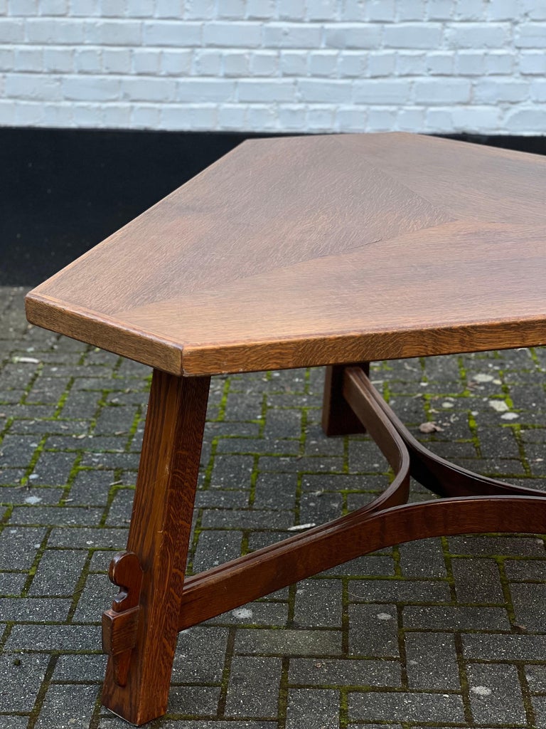 Large Triangle French Brutalist Oak Dining Table For Sale at 1stDibs