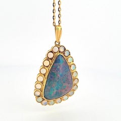 Large Triangular Black Opal Doublet Pendant with Round Crystal Opals 18" 13g 14K