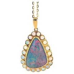 Large Triangular Black Opal Doublet Pendant with Round Crystal Opals 18" 13g 14K