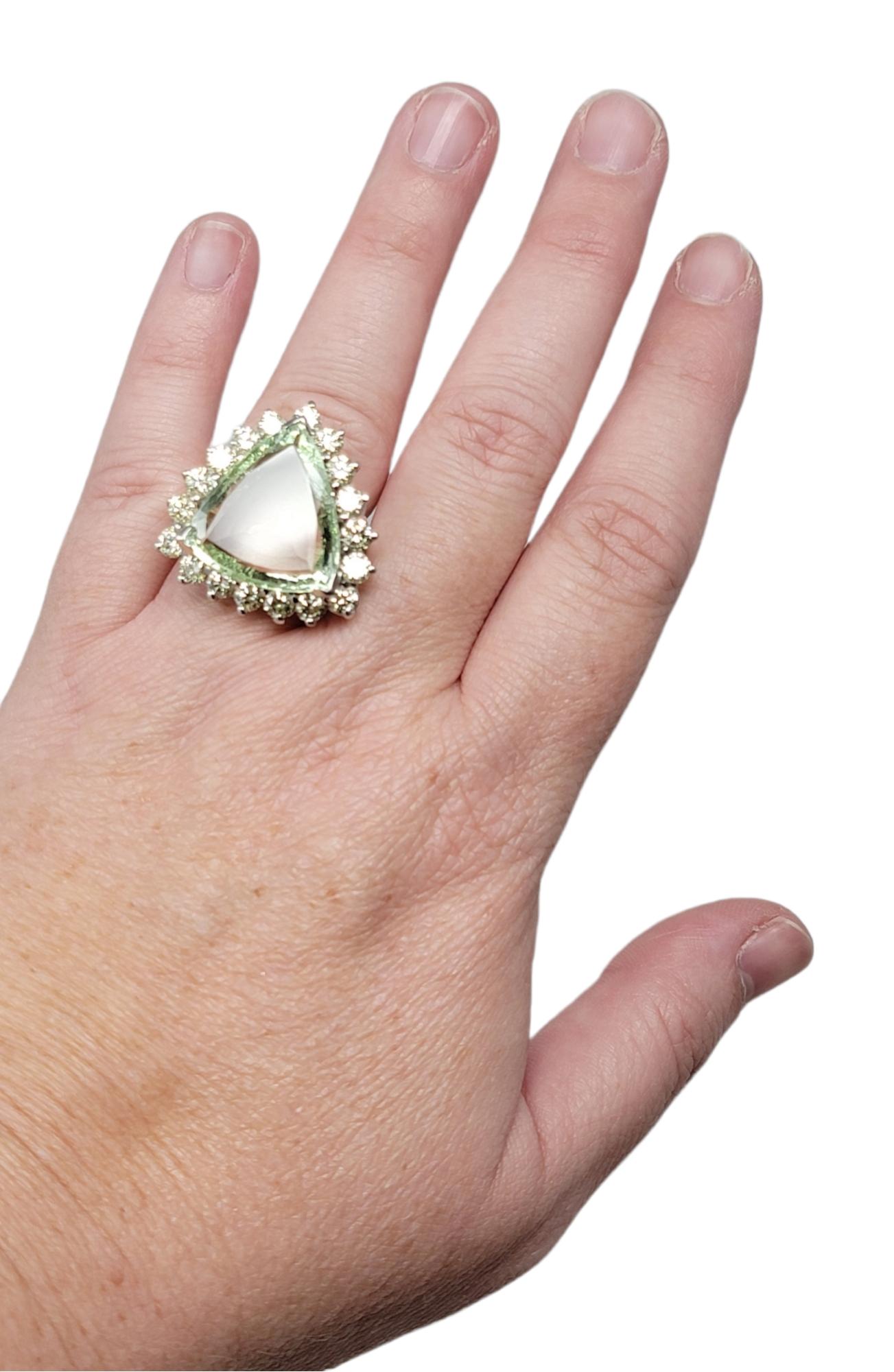 Large Triangular Mixed Cut Green Beryl and Diamond Halo Statement Cocktail Ring  For Sale 2