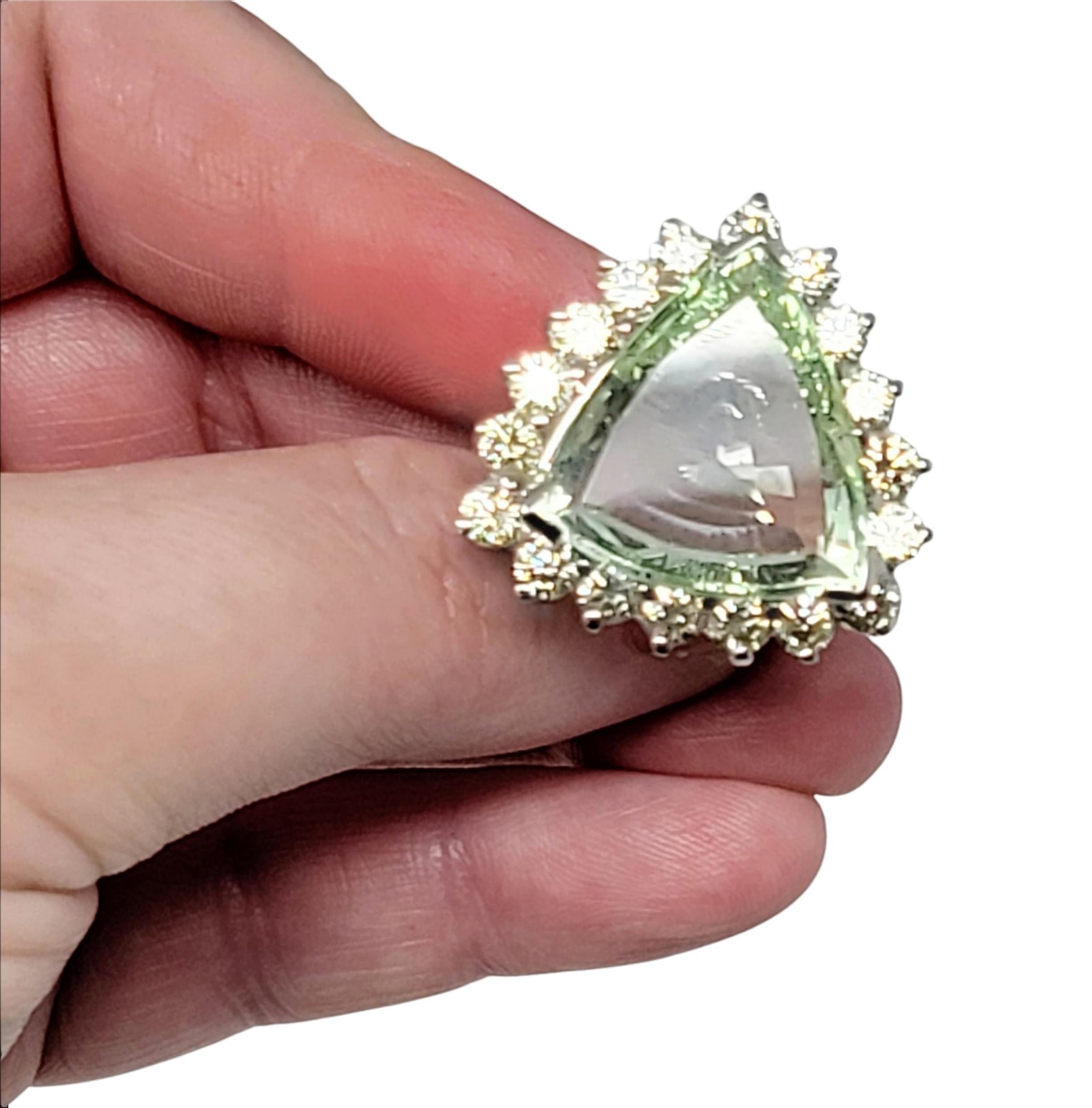 Large Triangular Mixed Cut Green Beryl and Diamond Halo Statement Cocktail Ring  For Sale 3