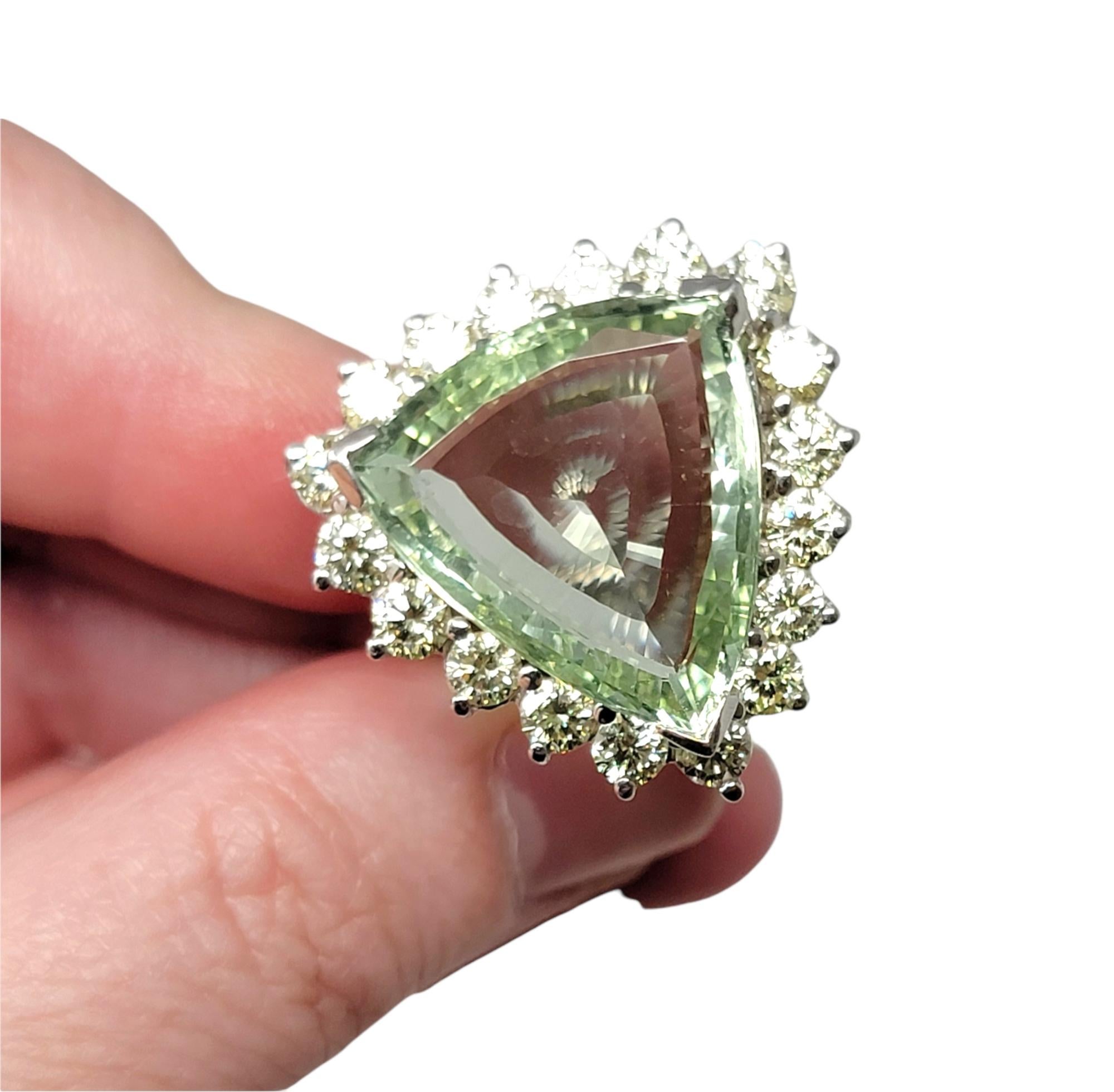 Large Triangular Mixed Cut Green Beryl and Diamond Halo Statement Cocktail Ring  For Sale 4