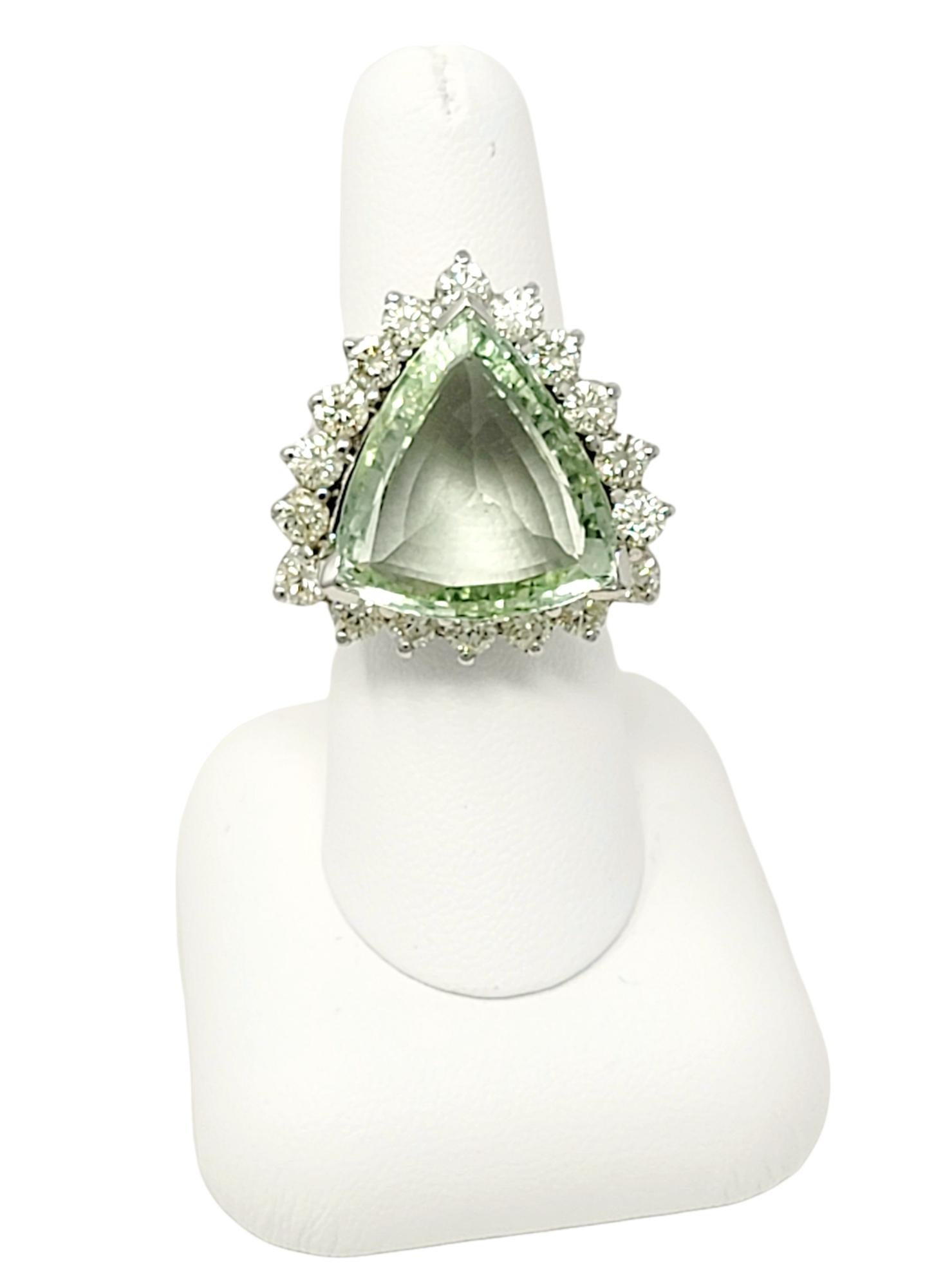 Large Triangular Mixed Cut Green Beryl and Diamond Halo Statement Cocktail Ring  For Sale 6