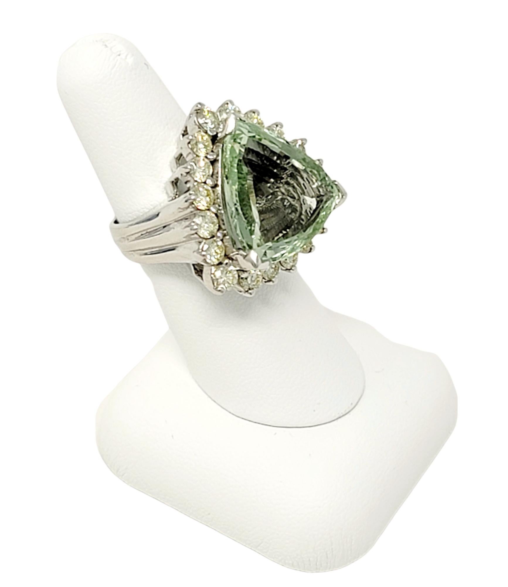 Large Triangular Mixed Cut Green Beryl and Diamond Halo Statement Cocktail Ring  For Sale 7