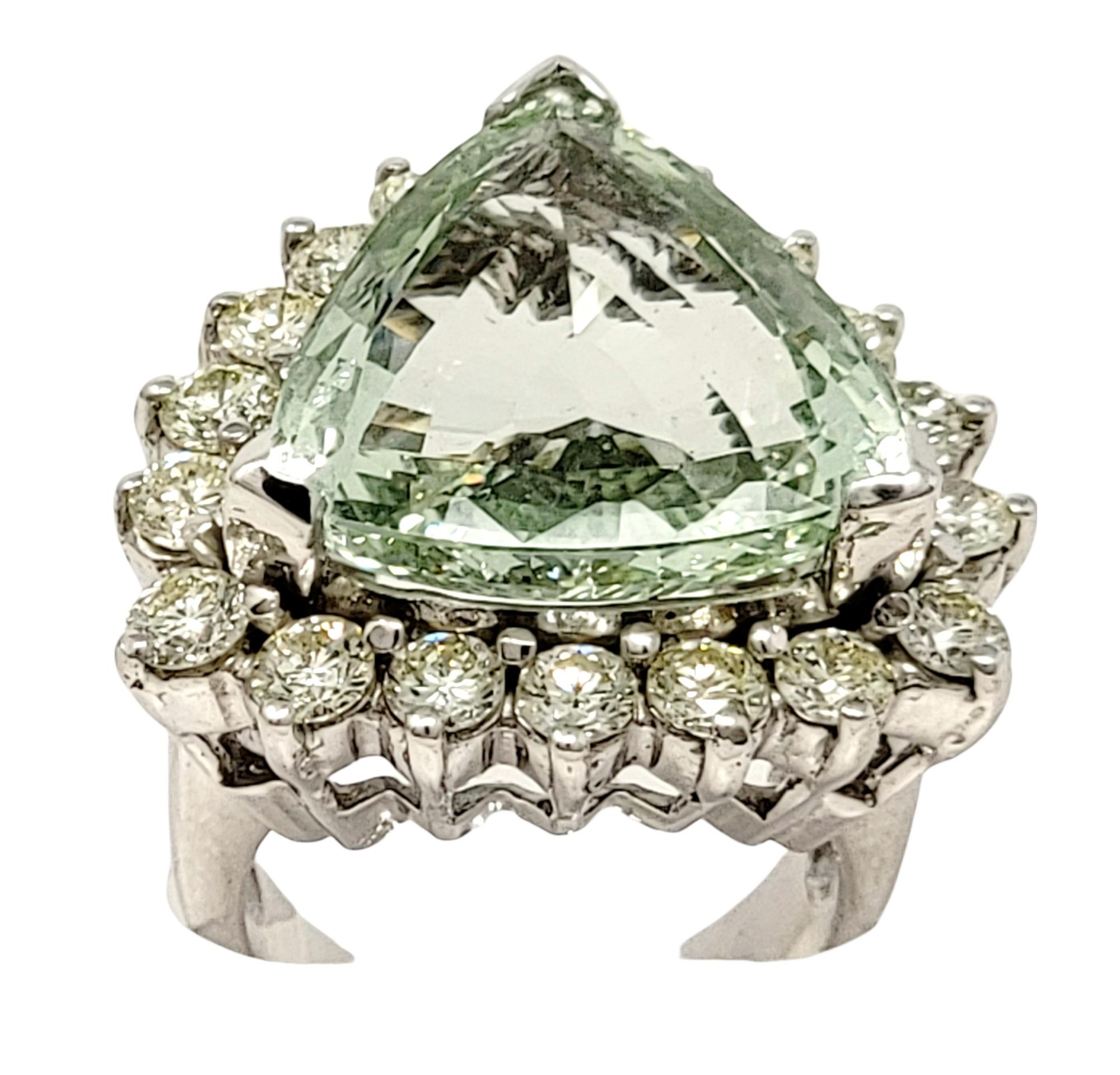 Contemporary Large Triangular Mixed Cut Green Beryl and Diamond Halo Statement Cocktail Ring  For Sale