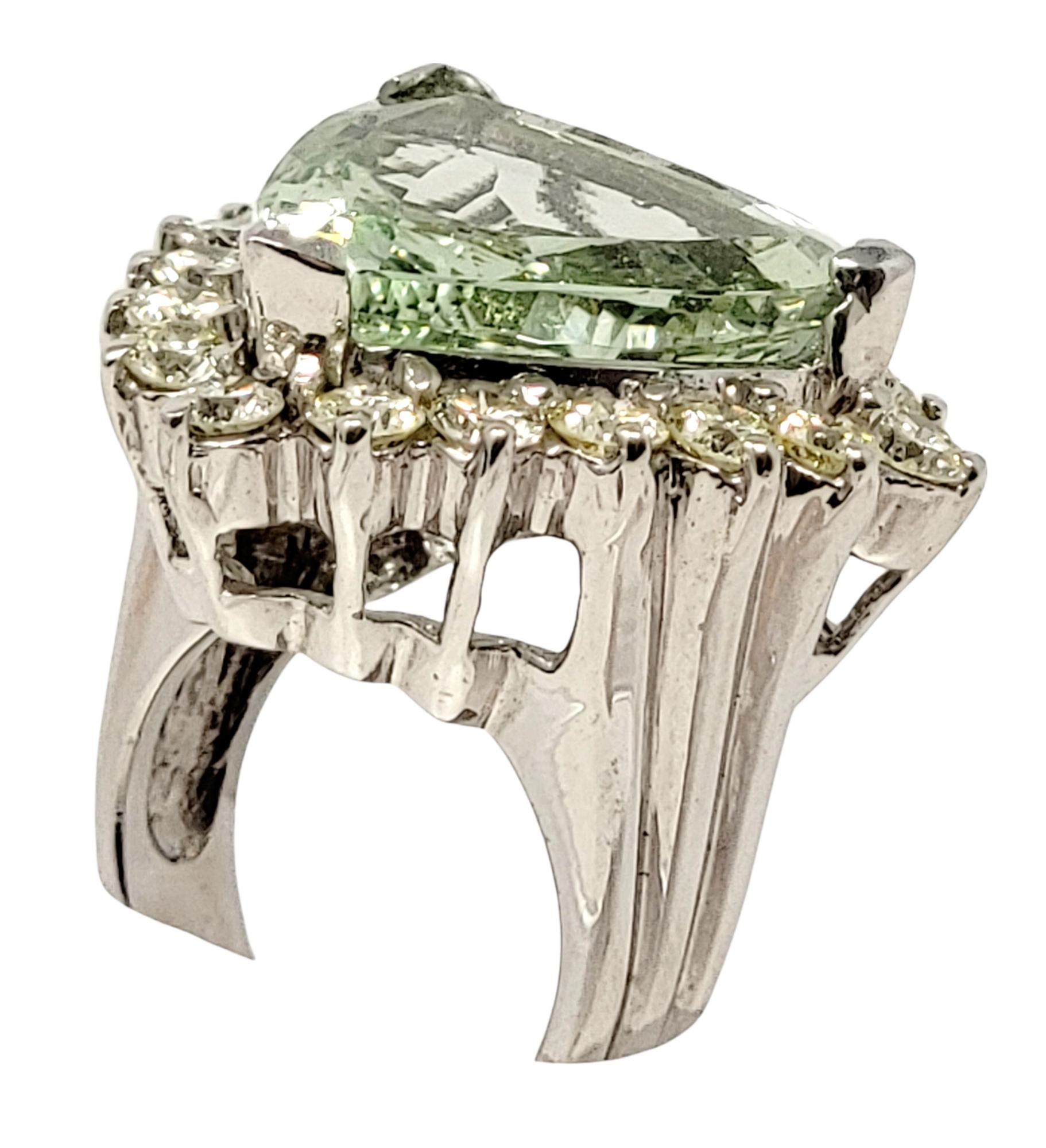 Large Triangular Mixed Cut Green Beryl and Diamond Halo Statement Cocktail Ring  In Good Condition For Sale In Scottsdale, AZ