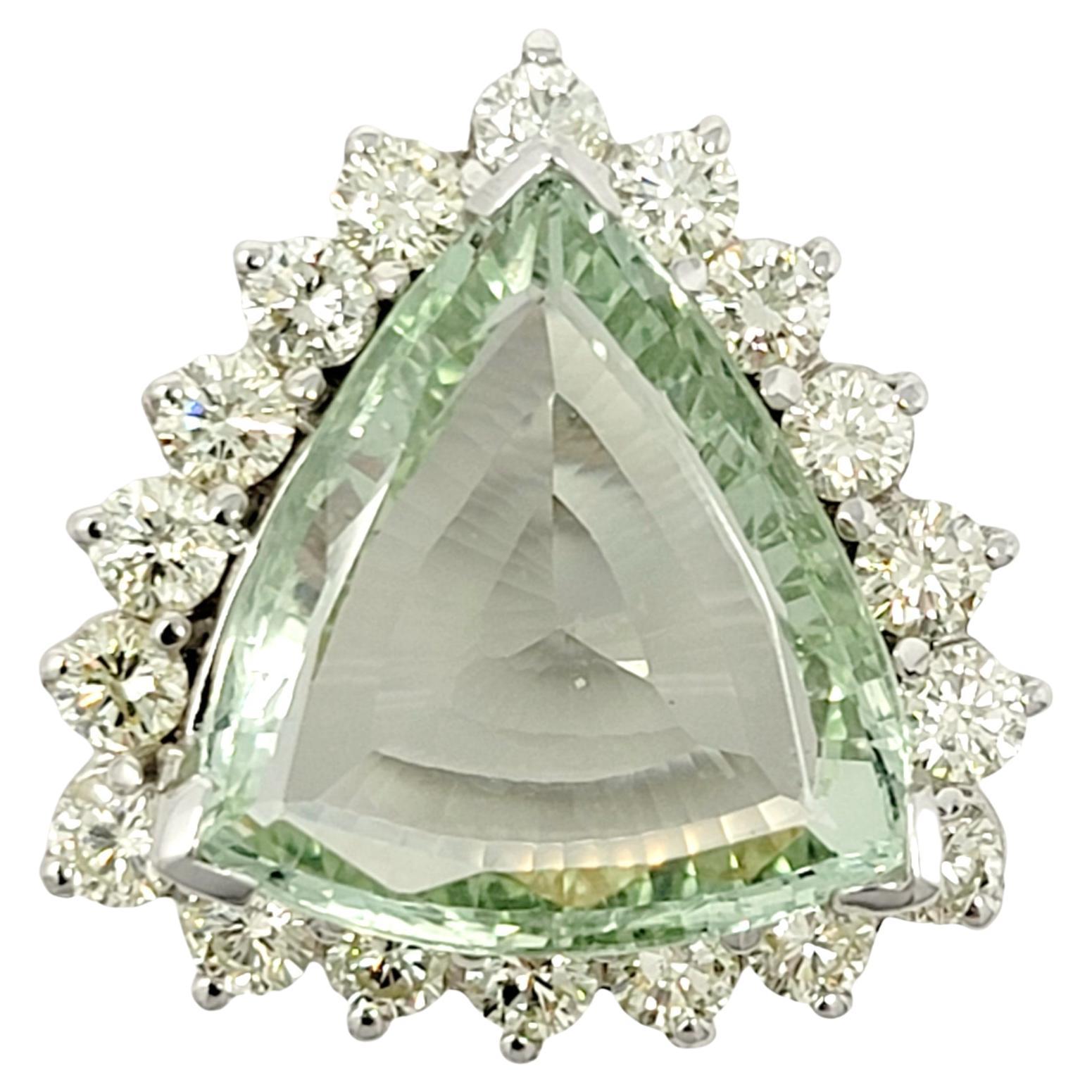 Large Triangular Mixed Cut Green Beryl and Diamond Halo Statement Cocktail Ring  For Sale