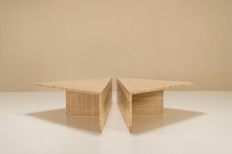 Mid-Century Modern Large Triangular Travertine Coffee Table in The Style of Up&Up, Italy, 1970s For Sale