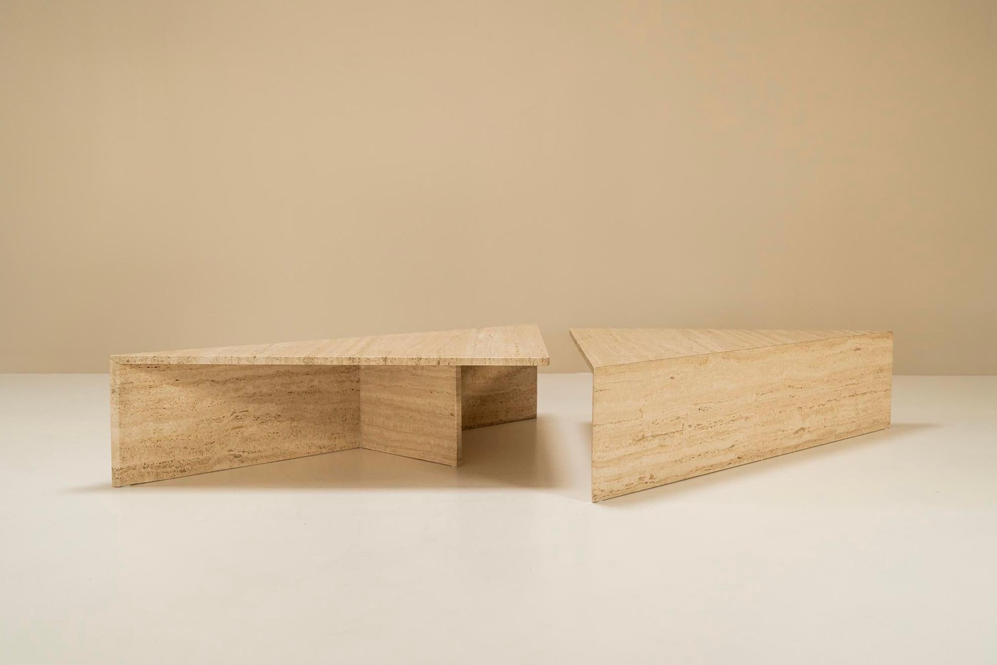 Italian Large Triangular Travertine Coffee Table in The Style of Up&Up, Italy, 1970s