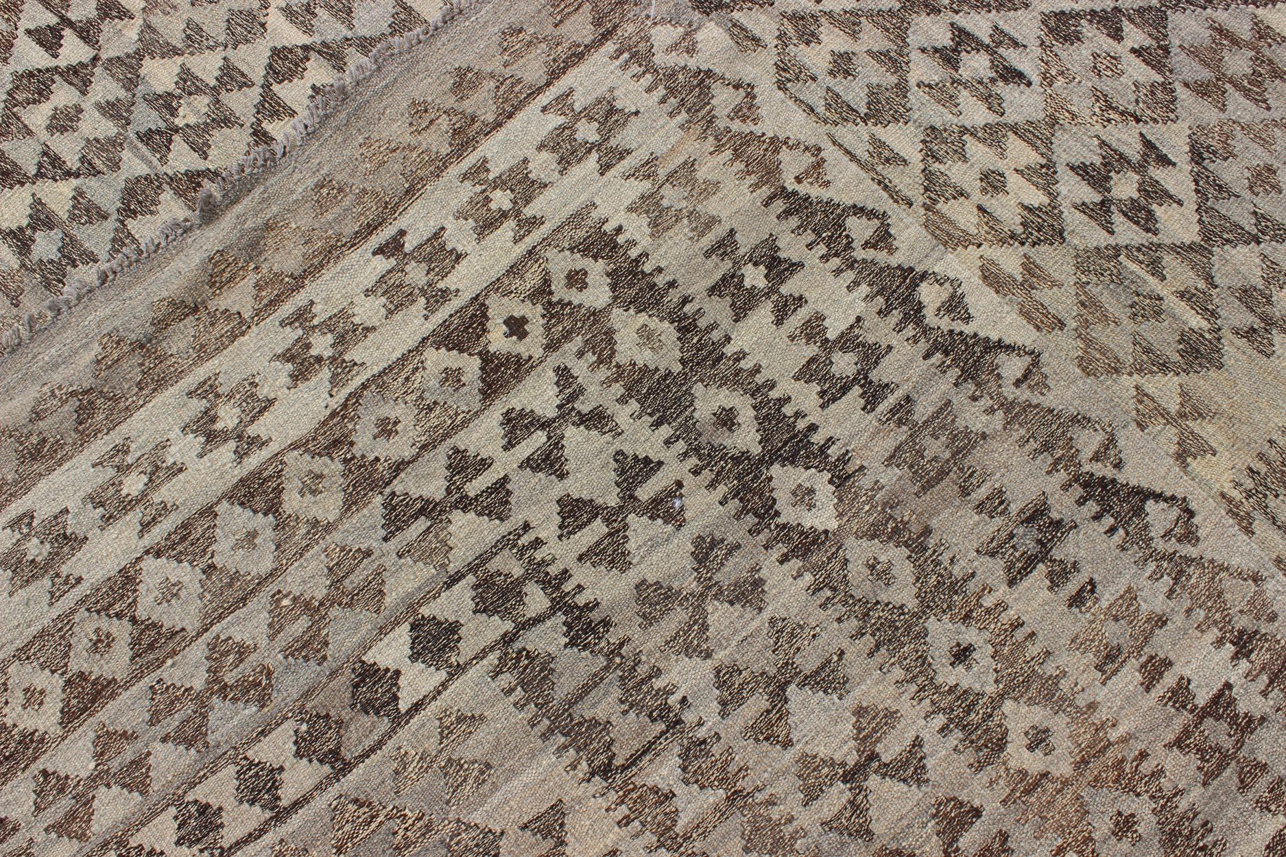 Contemporary Large Tribal and Modern Kilim in Charcoal, Brown, Silver Blue, Silver and Gray For Sale