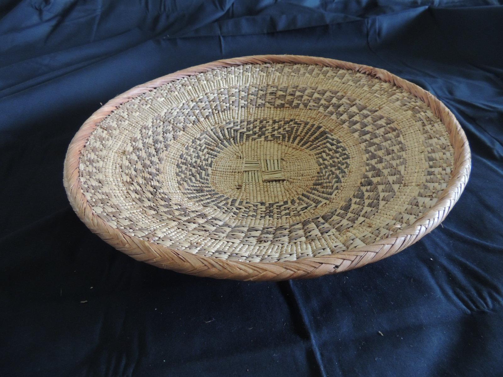Zimbabwean Large Tribal Round Woven Basket in Natural and Brown with Braided Rim