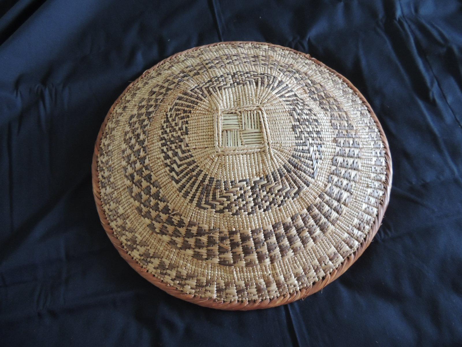 Hand-Crafted Large Tribal Round Woven Basket in Natural and Brown with Braided Rim