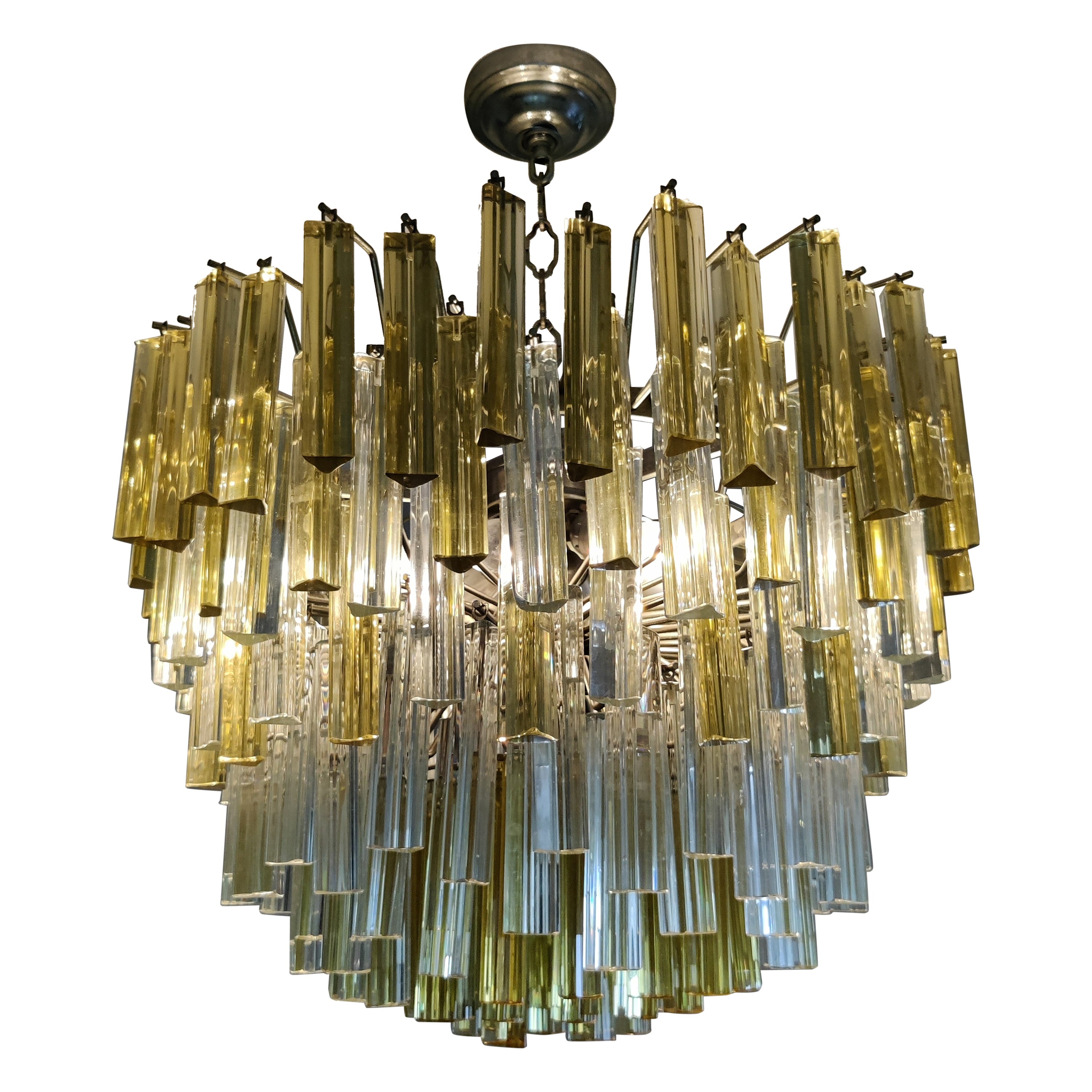 Grande lampadario "Triedi" di Venini in vetro di Murano trasparente e con piombo dorato