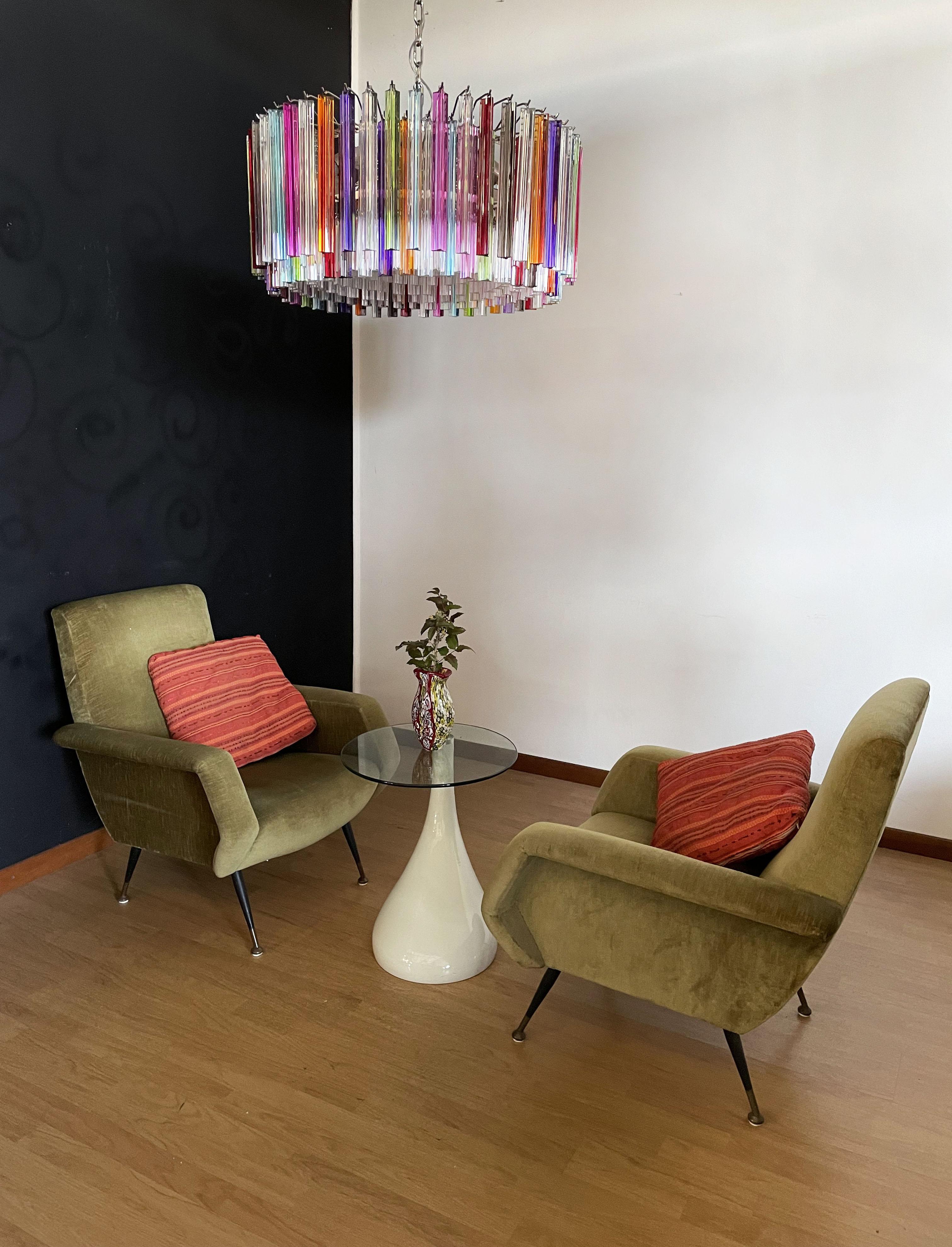 A magnificent Murano glass chandelier, 265 multicolored and clear triedri on crome frame. This large Mid-Century Italian chandelier is truly a timeless classic.
Period:	late XX century
Dimensions:	43,30 inches (110 cm) height with chain; 15,75