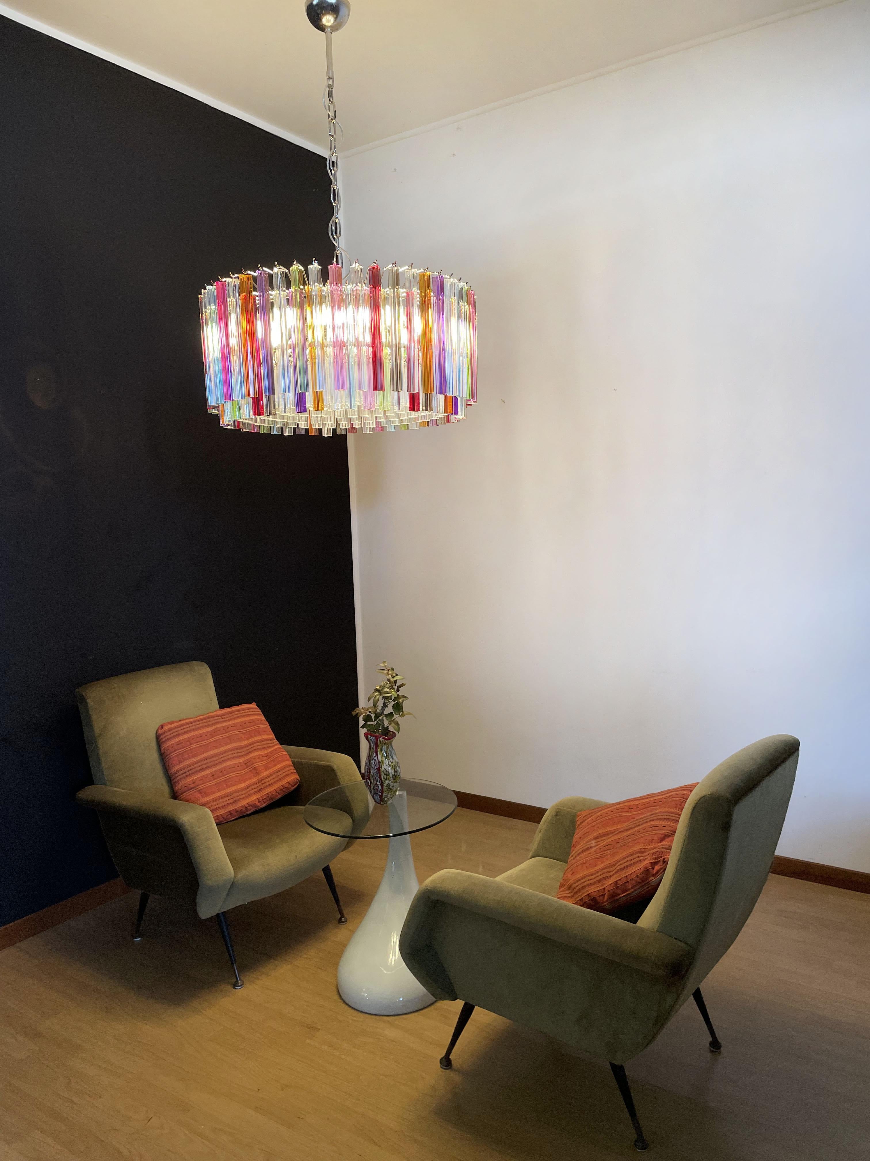 Galvanized Large Triedri Murano Glass Chandelier, 265 Multicolored and Clear Prism For Sale