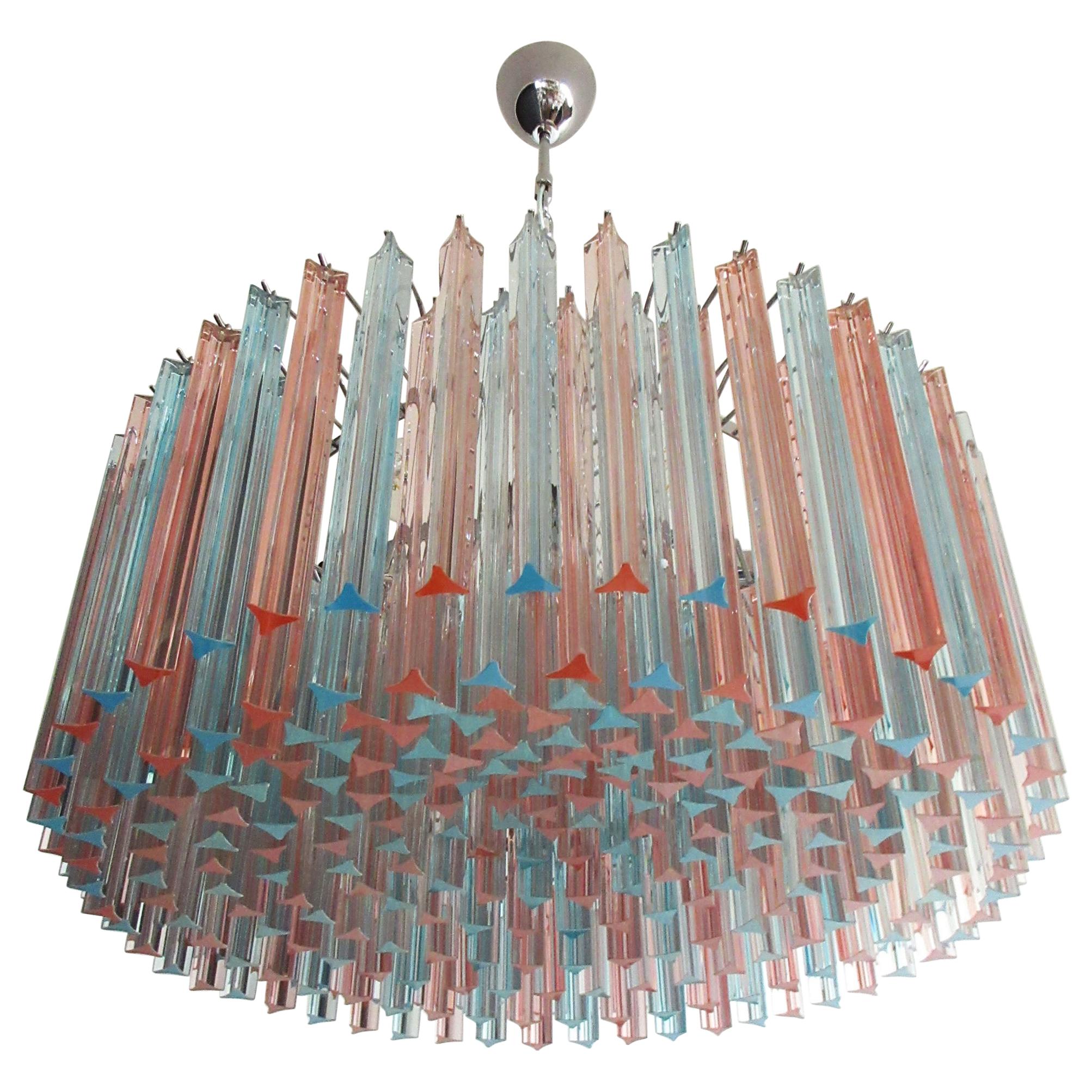 Large Triedri Murano Glass Chandelier, 265 Pink and Blue Prism