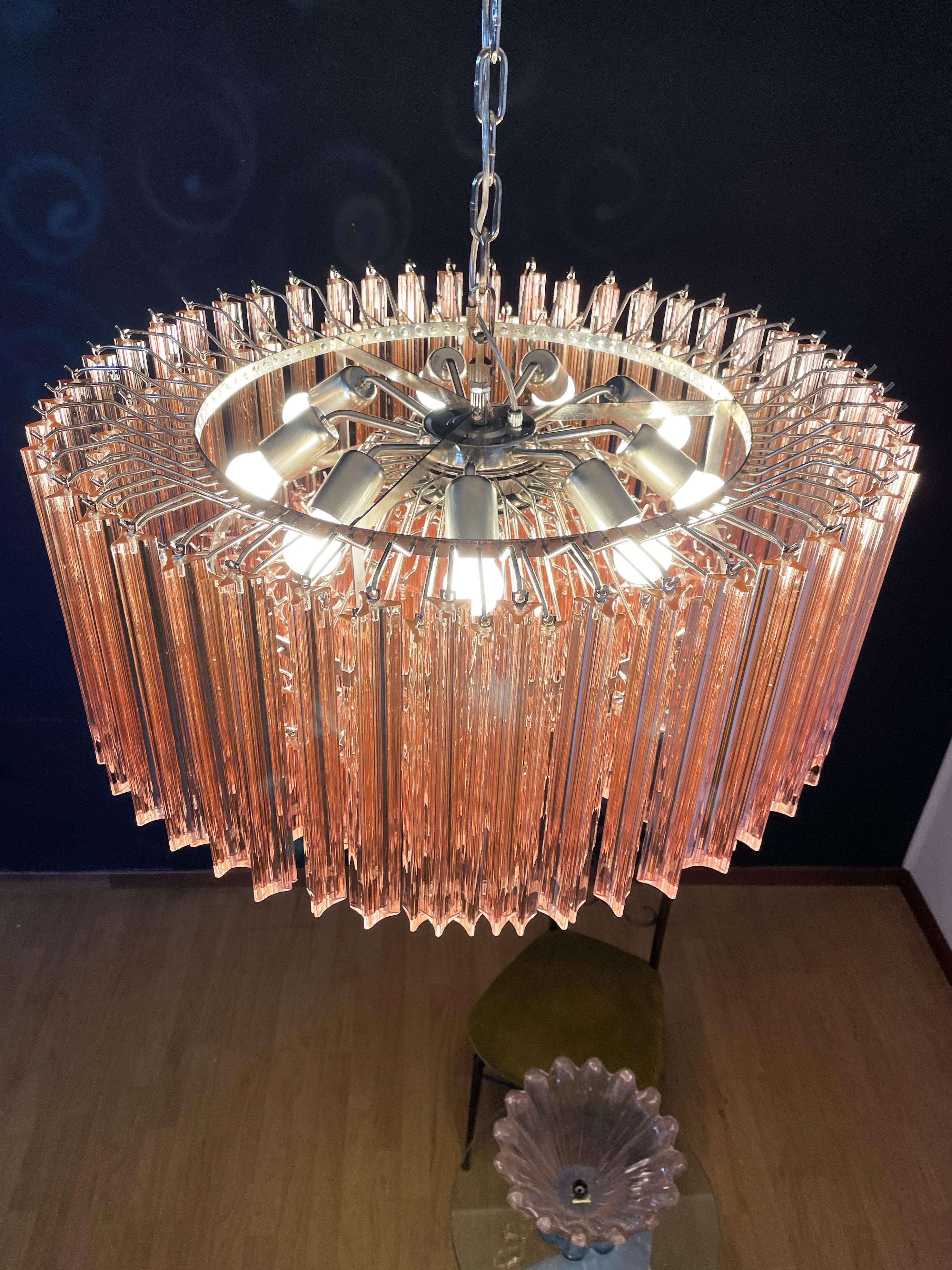 Large Triedri Murano Glass Chandelier, 265 Pink Prism For Sale 2