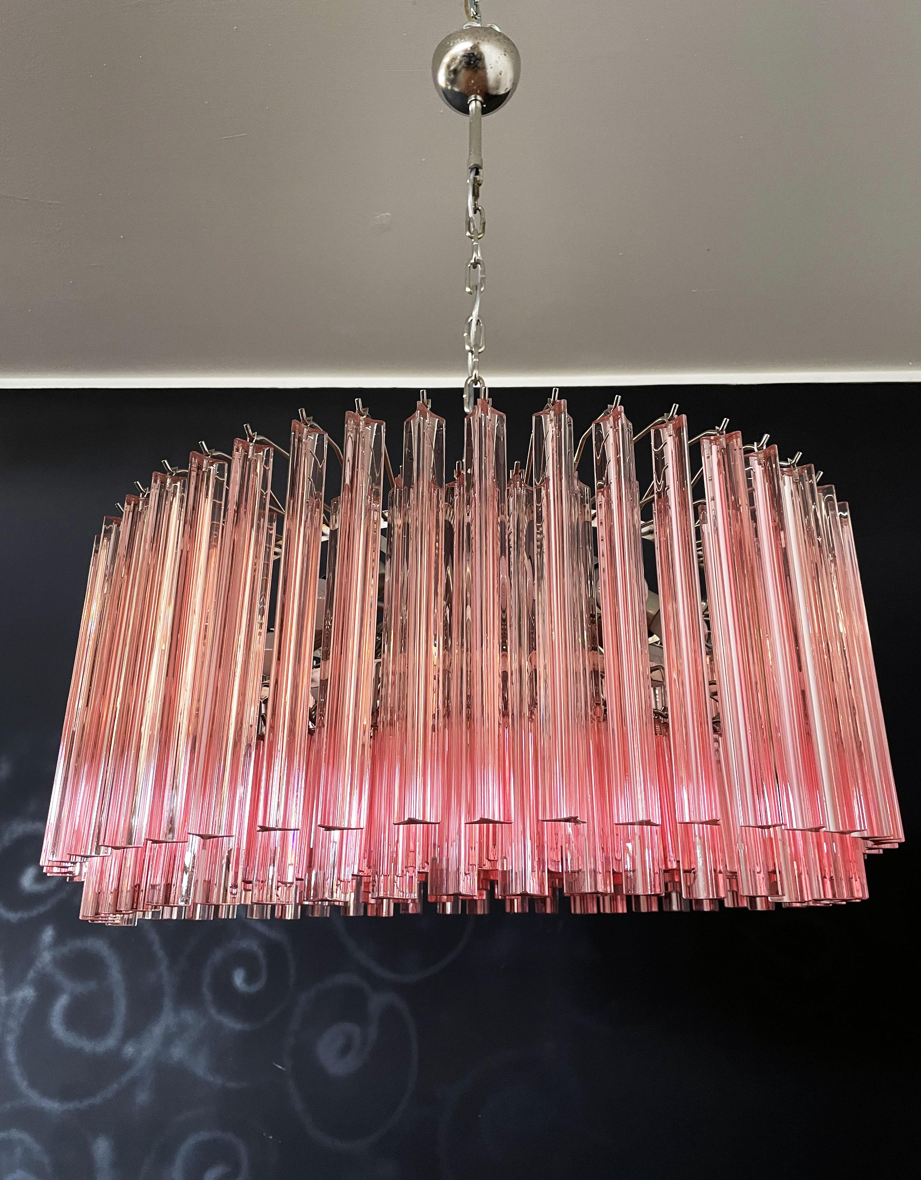 Mid-Century Modern Large Triedri Murano Glass Chandelier, 265 Pink Prism For Sale