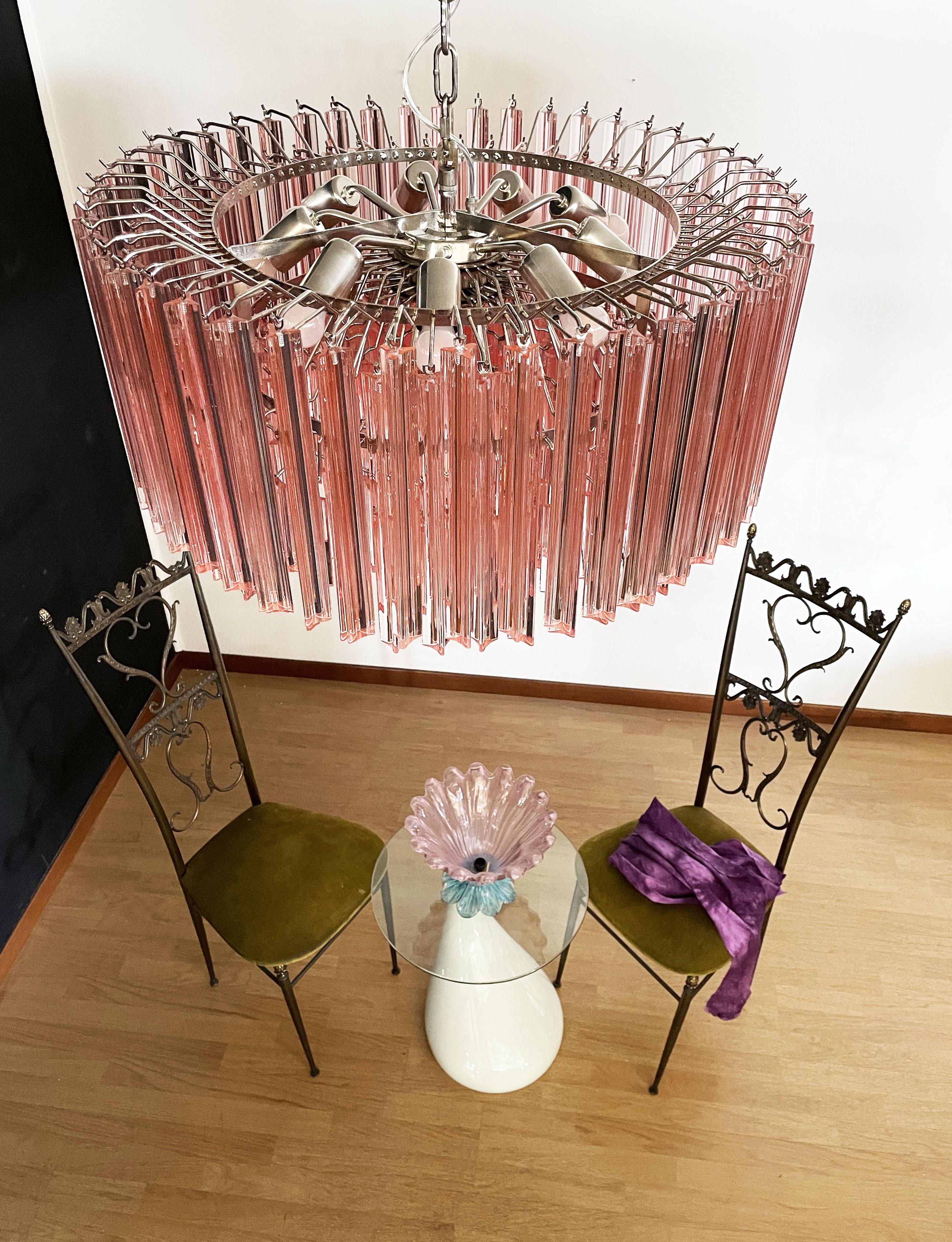 Late 20th Century Large Triedri Murano Glass Chandelier, 265 Pink Prism