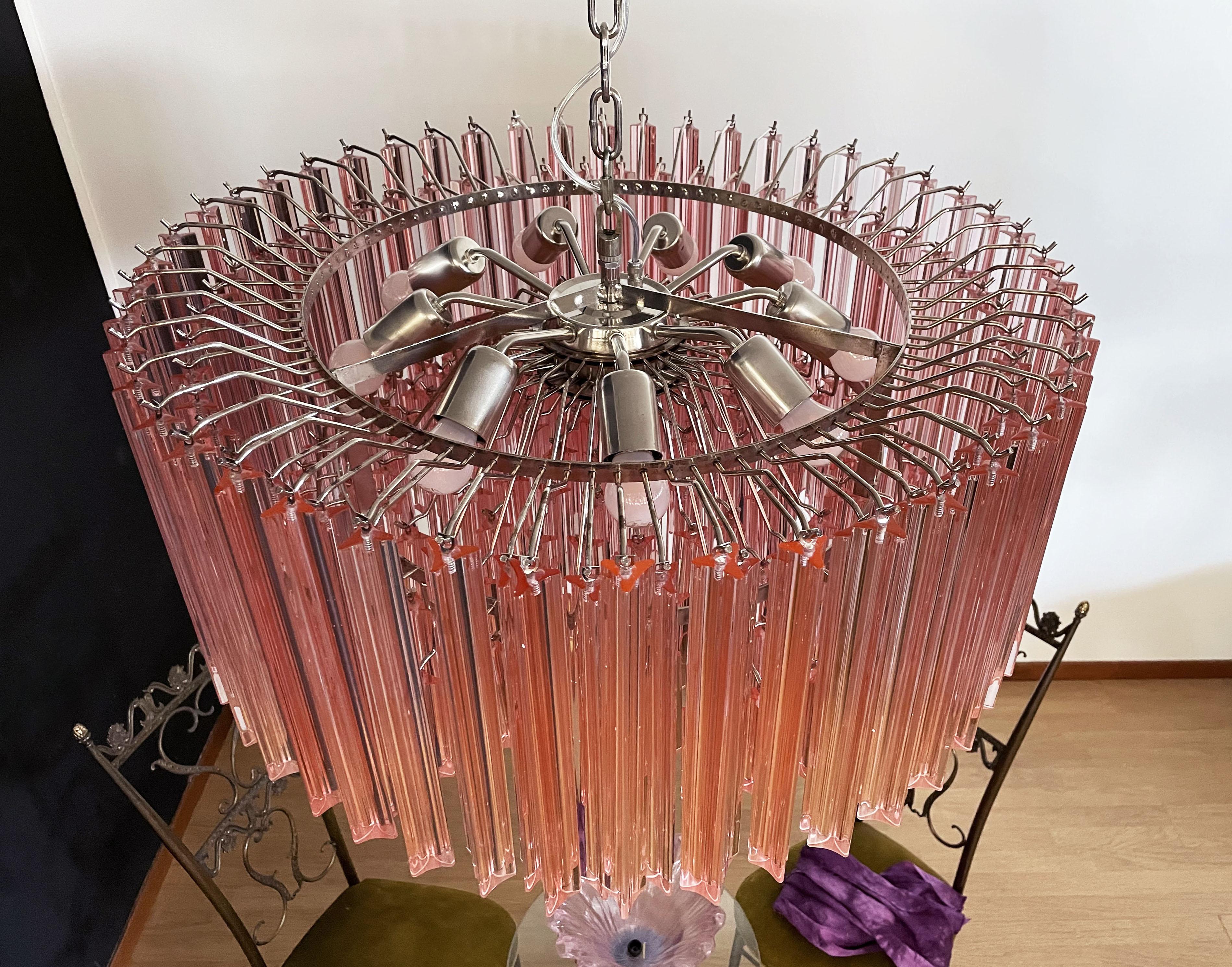 Galvanized Large Triedri Murano Glass Chandelier, 265 Pink Prism For Sale