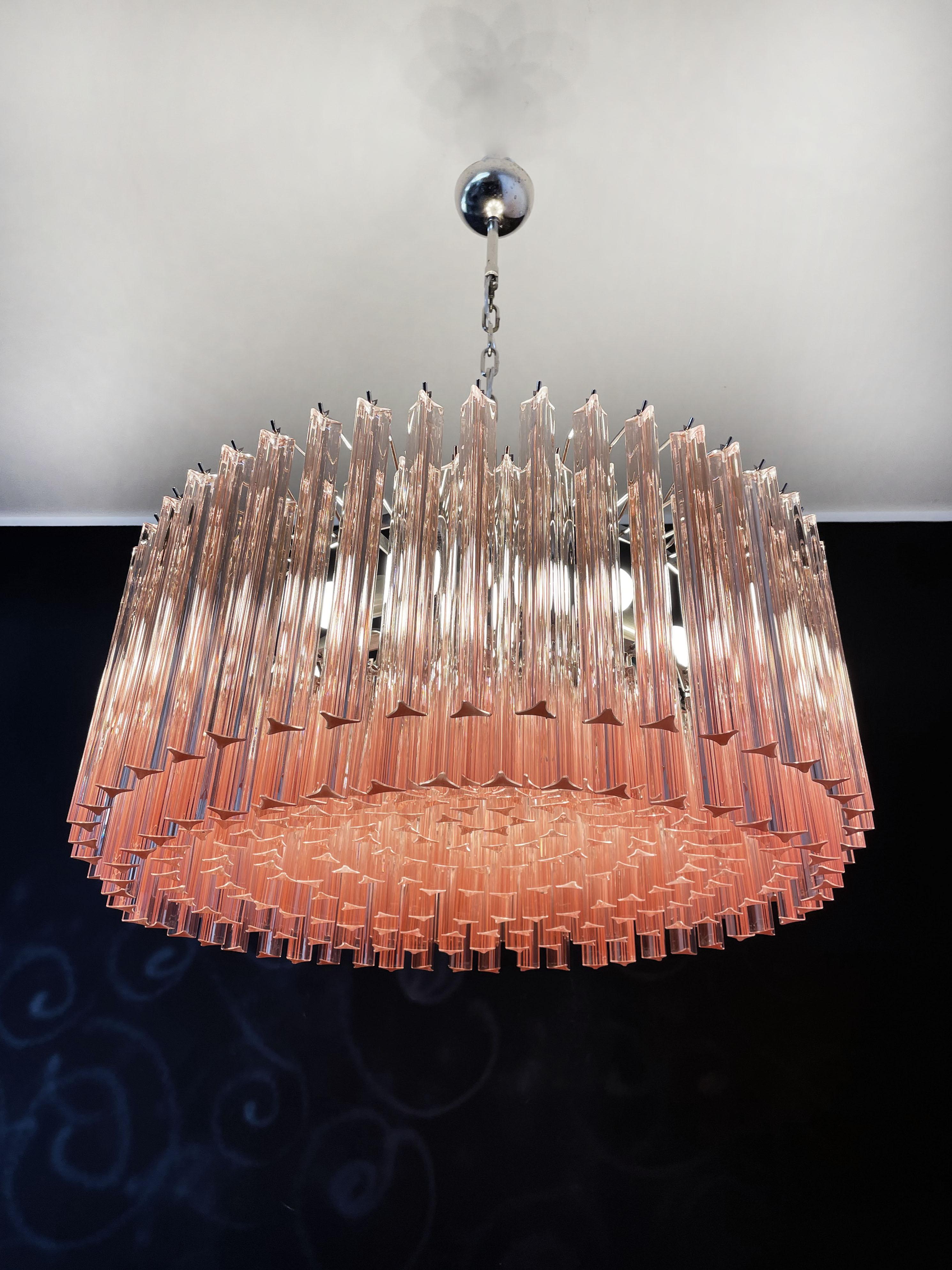 Late 20th Century Large Triedri Murano Glass Chandelier, 265 Pink Prism For Sale