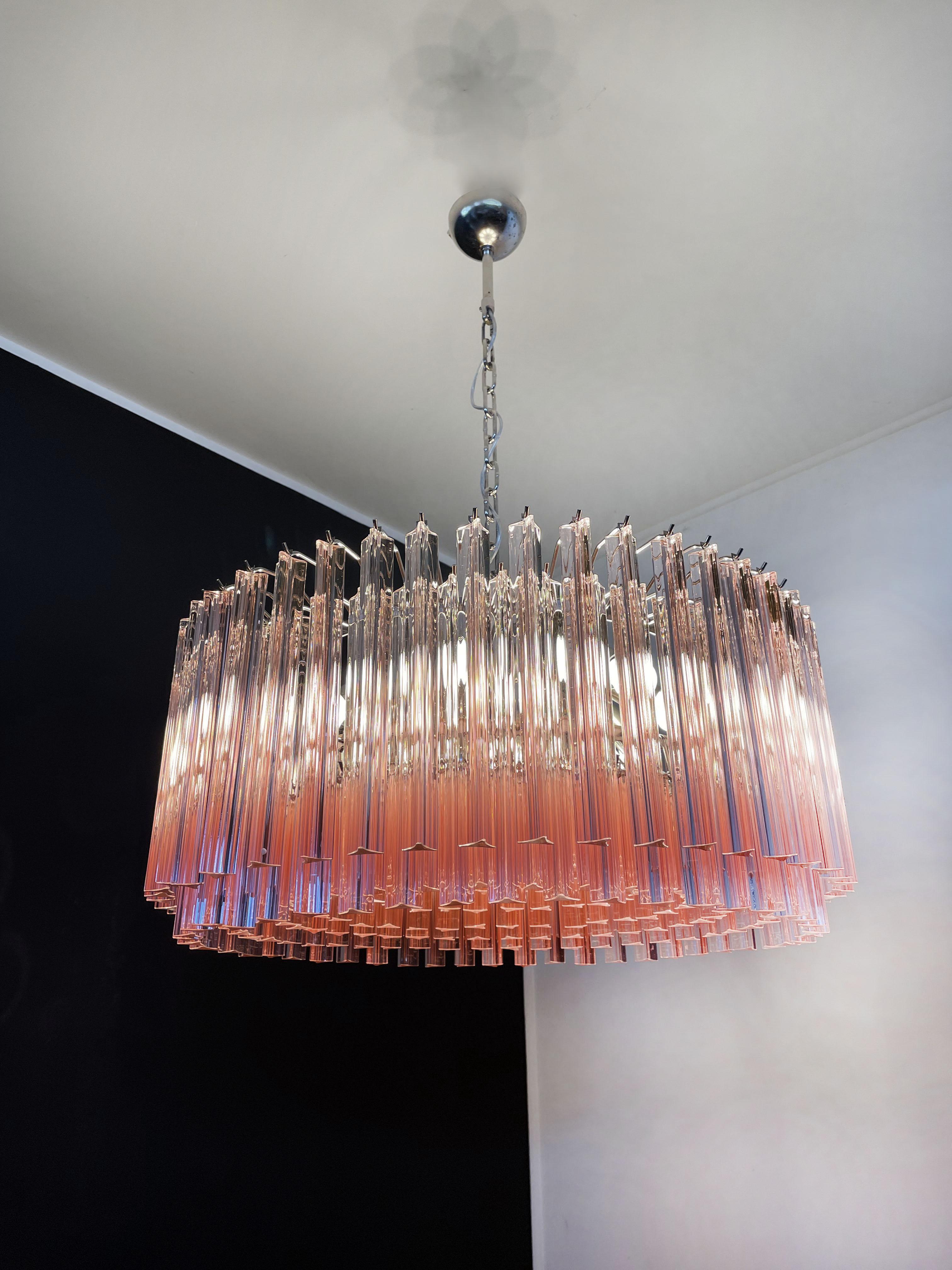 Large Triedri Murano Glass Chandelier, 265 Pink Prism For Sale 1
