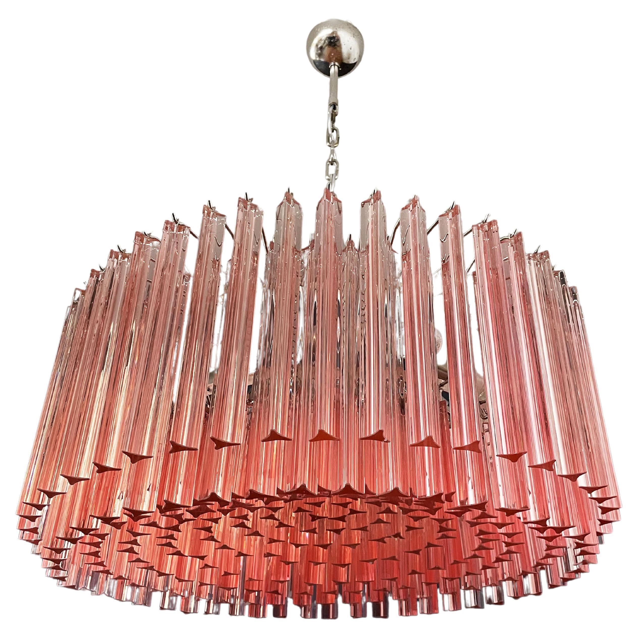 Large Triedri Murano Glass Chandelier, 265 Pink Prism For Sale