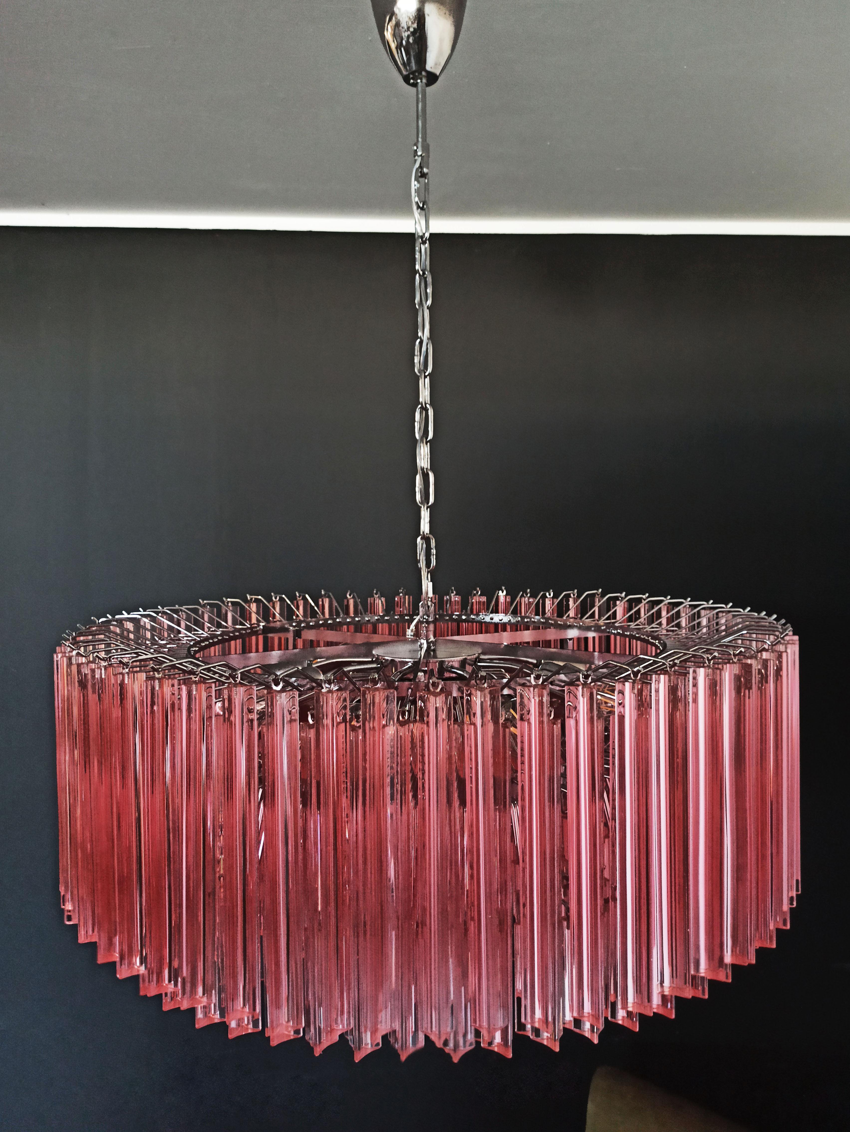 Large Triedri Murano Glass Chandelier, 391 Pink Prims Triedri For Sale 1